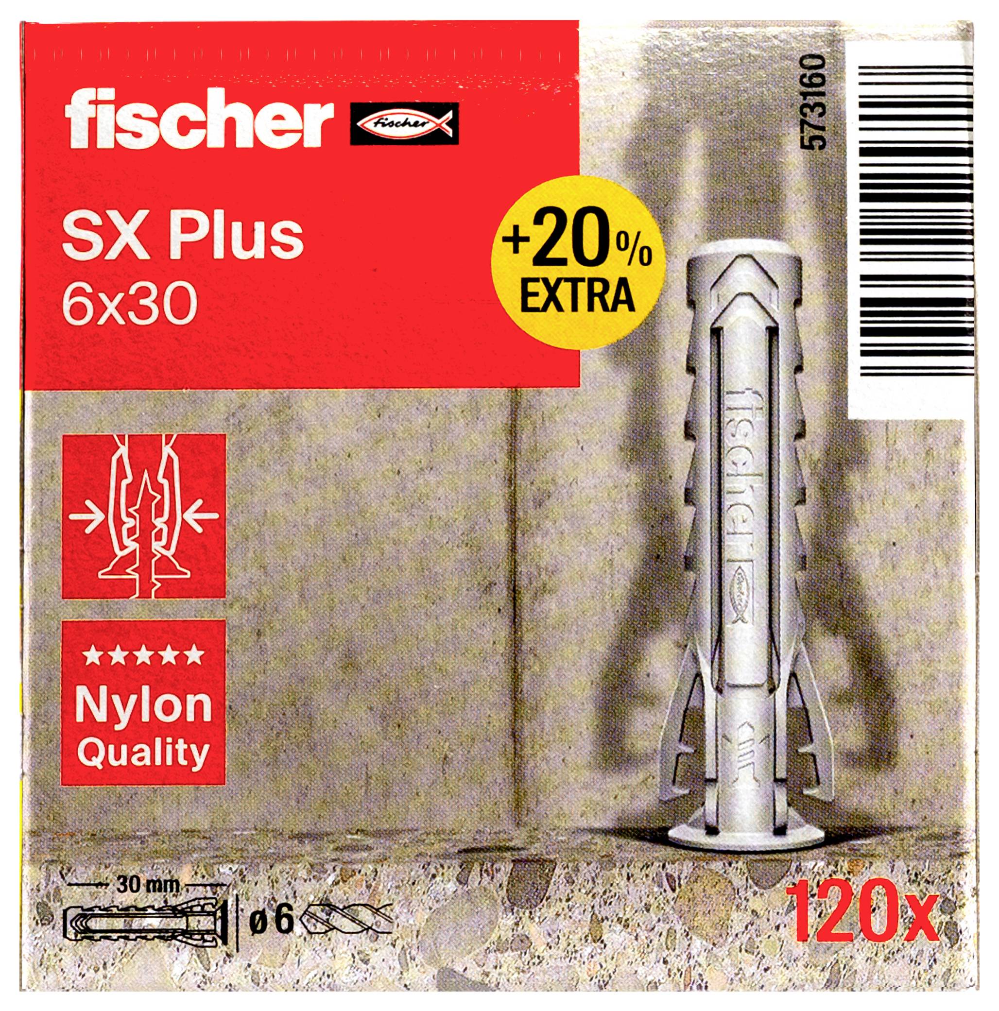 Eine Packung Fischer SX Plus 6x30 Dübel, 120 Stück. Nylonqualität, 20% extra. Geeignet für 6-mm-Bohrlöcher und 30 mm Länge.