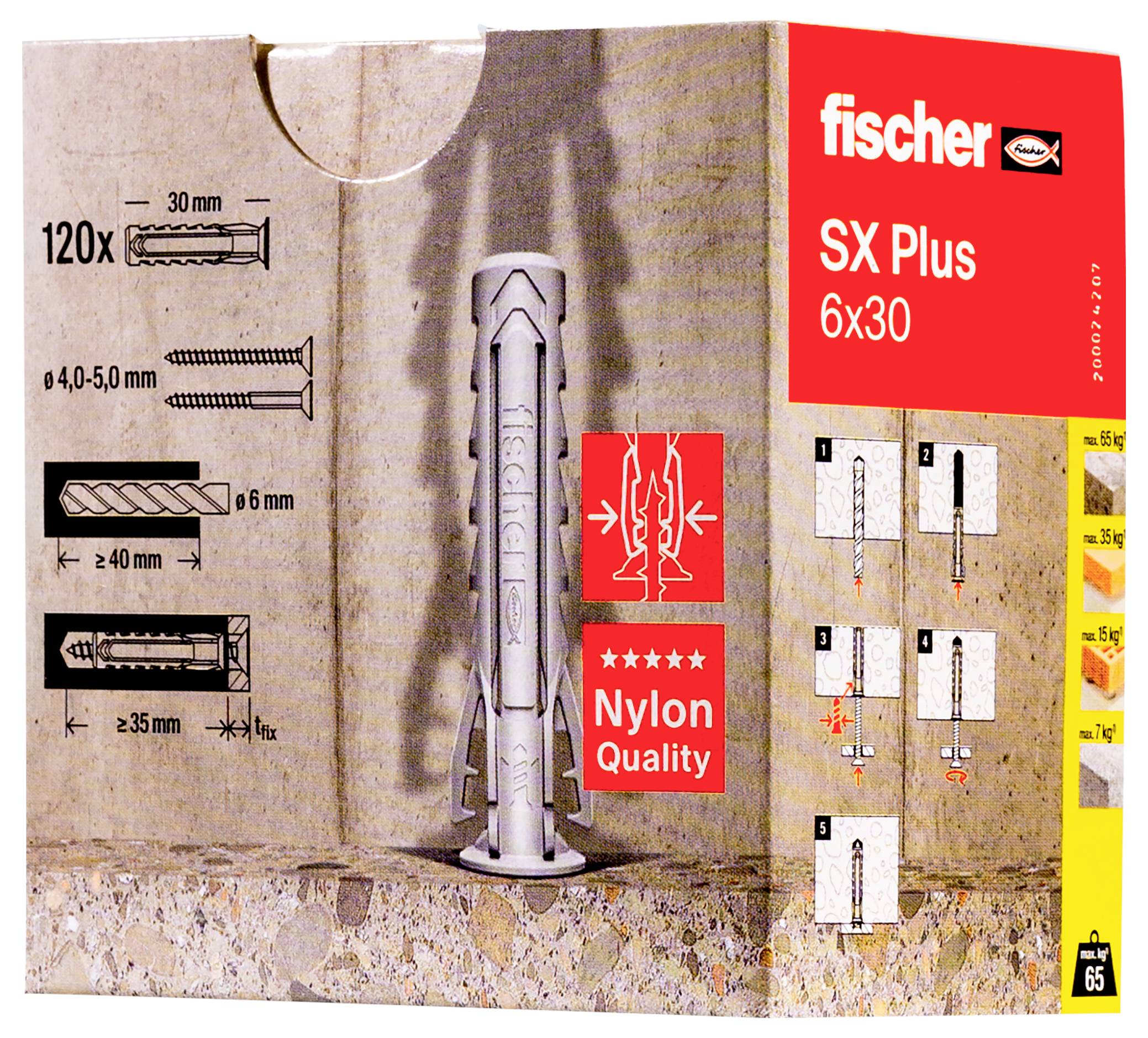 Eine Verpackung von Fischer SX Plus 6x30 Dübel. Abbildung zeigt Anwendungshinweise, Maße und die Aufschrift 'Nylon Quality'.