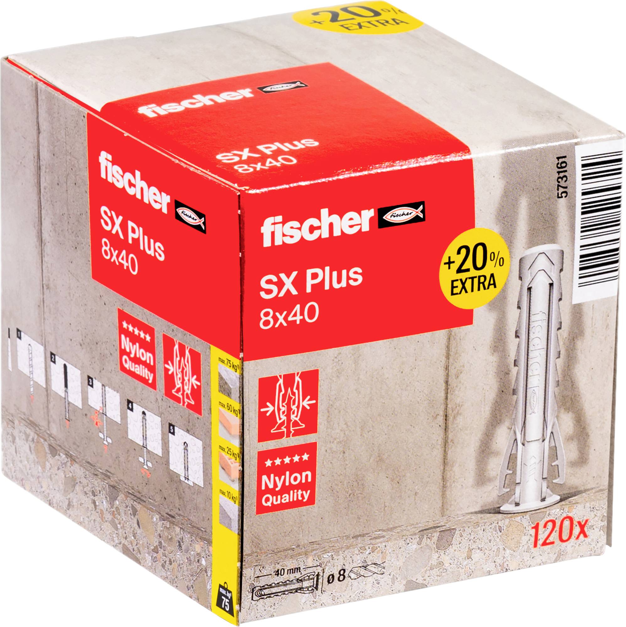 Eine Box mit 120 Fischer SX Plus 8x40 Dübeln, beworben mit '+20% Extra' und 'Nylon Quality', auf der Verpackung stehen Produktdetails.