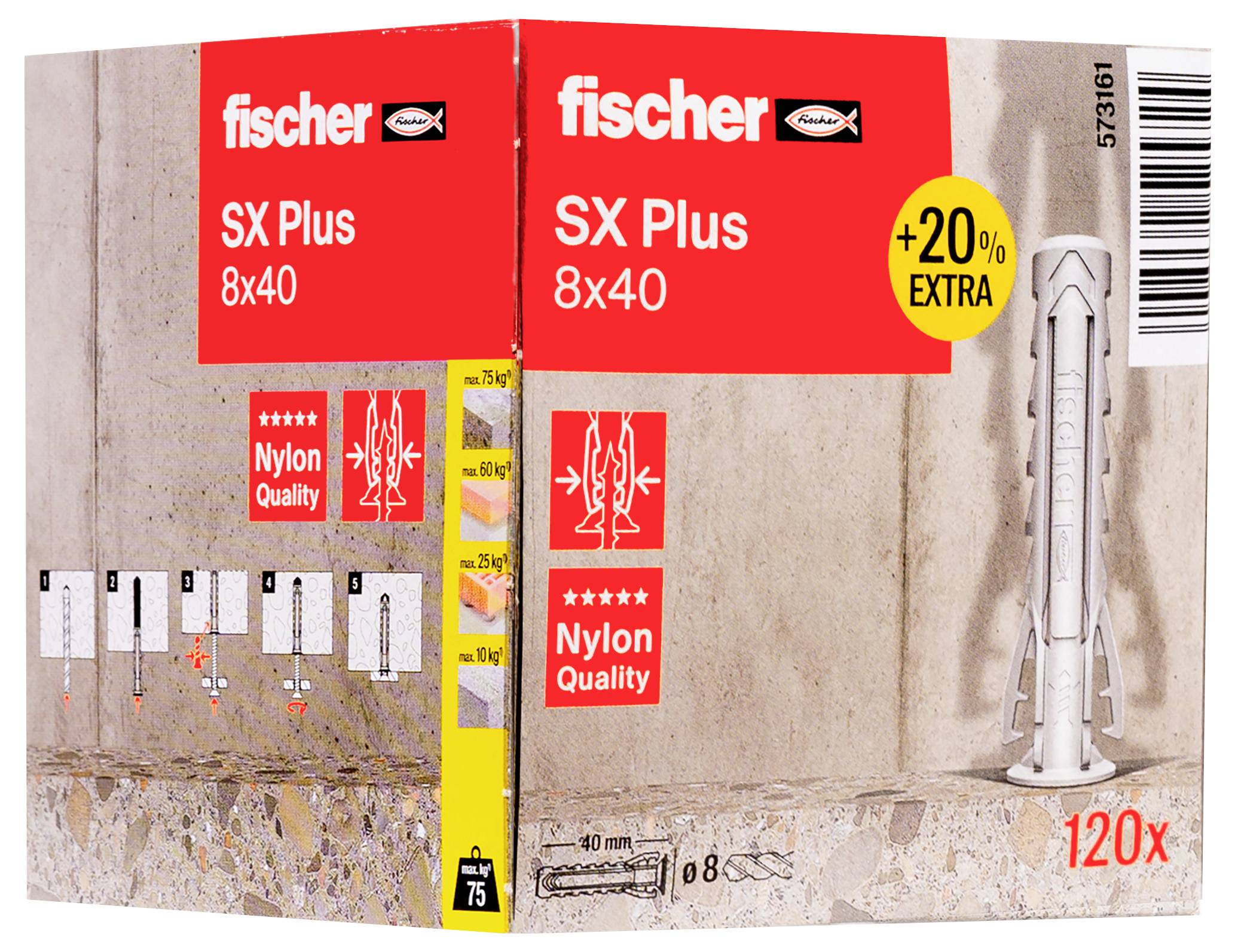 'Fischer SX Plus 8x40' Dübel-Karton mit 'Nylon Quality'-Label und Anleitung zur Anwendung auf der Rückseite. Enthält 120 Stück.