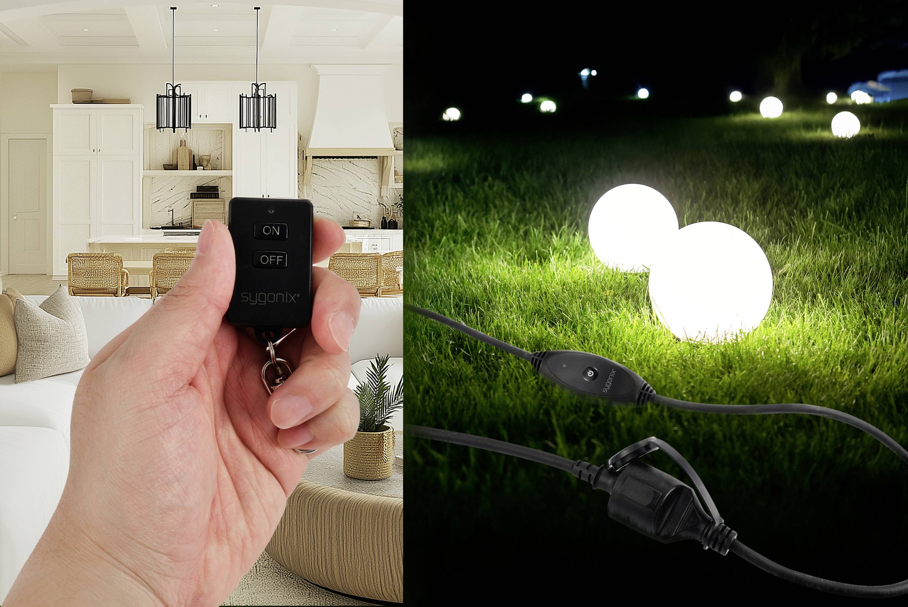 Eine Hand hält eine Fernbedienung in einem Wohnzimmer. Rechts im Bild sind leuchtende Gartenkugeln auf einem Rasen zu sehen.