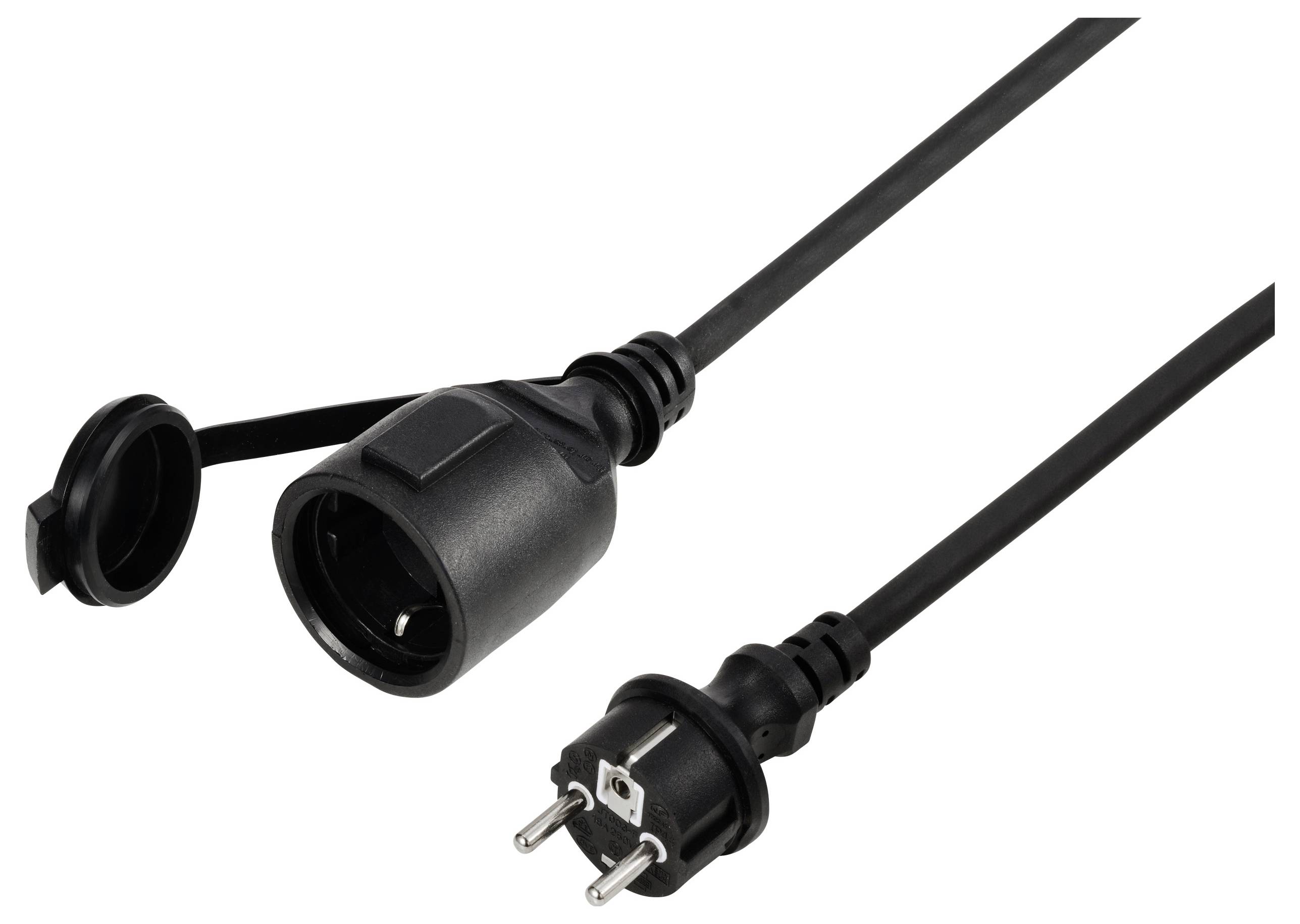 Schwarzes Verlängerungskabel mit Schutzkontakt-Stecker und Kupplung, geeignet für den Innen- und Außenbereich.