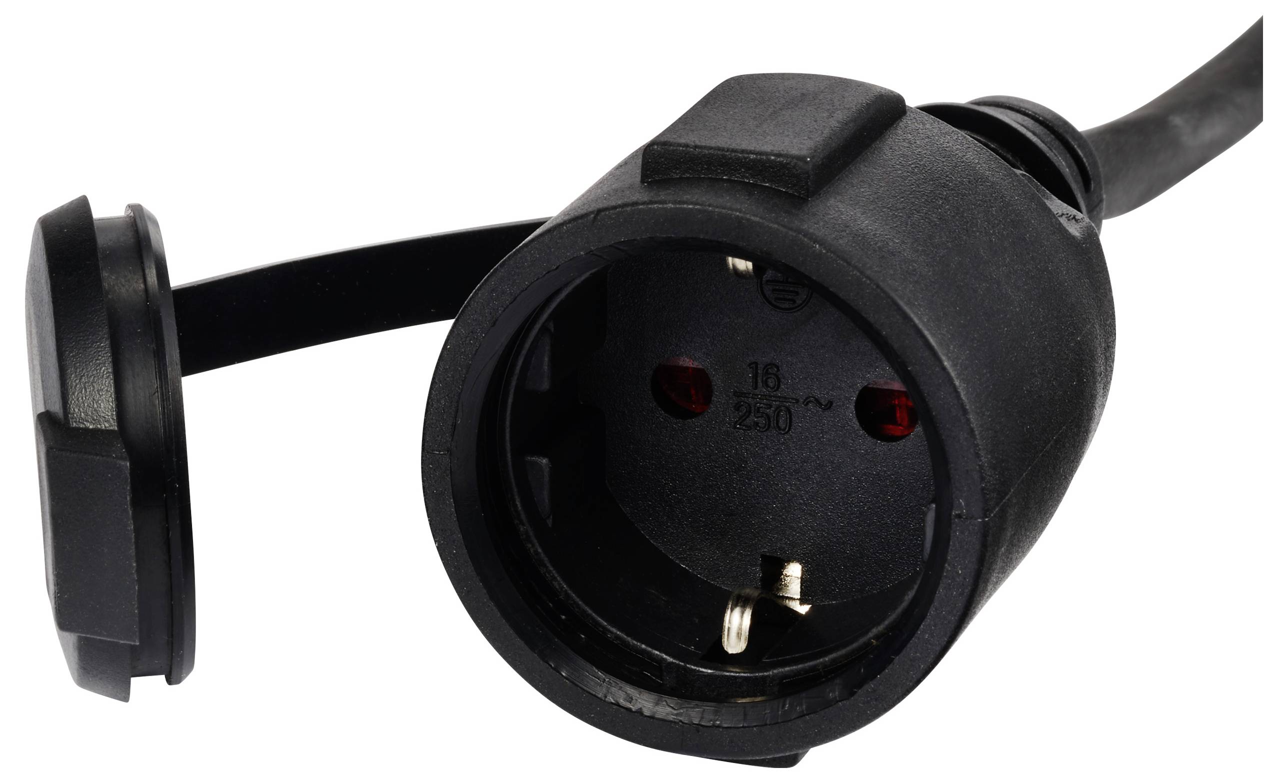 Schwarzer, dreipoliger Steckdosenadapter mit abnehmbarer Schutzkappe, geeignet für 250V.
