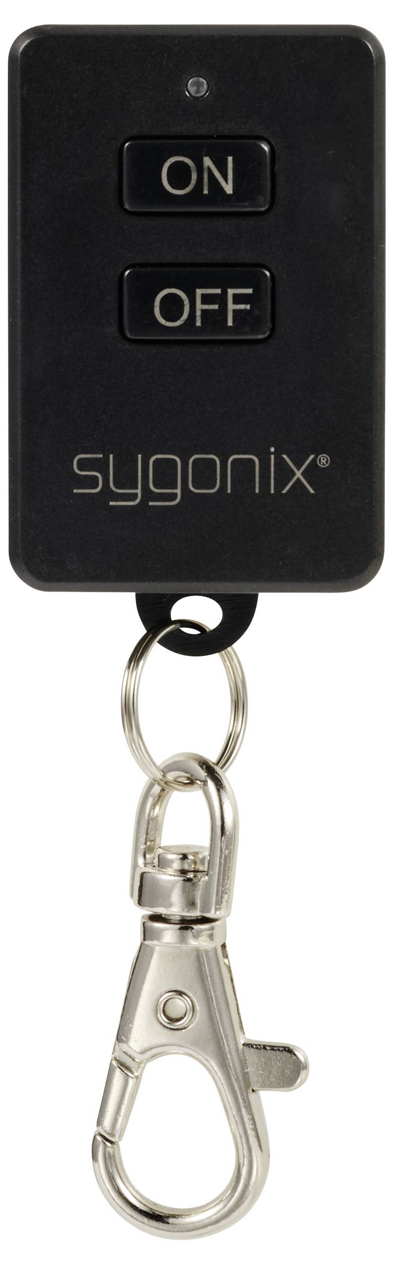 Schwarze Fernbedienung mit zwei Tasten, beschriftet mit 'ON' und 'OFF'. Darunter der Schriftzug 'sygonix' und ein silberner Schlüsselanhänger.