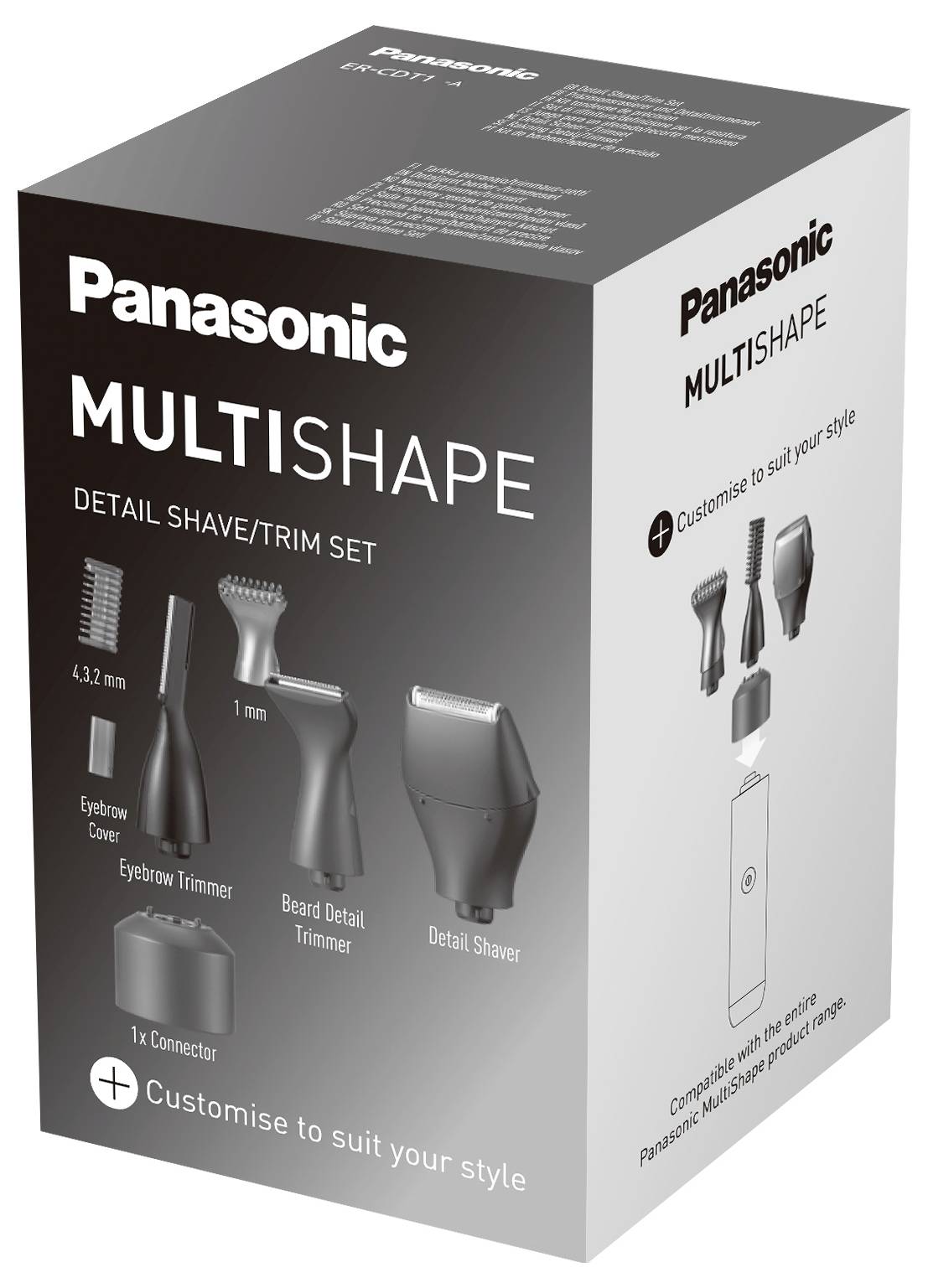 Ein Karton mit der Aufschrift 'Panasonic MULTISHAPE DETAIL SHAVE/TRIM SET'. Enthält verschiedene Aufsätze für Rasur und Trimmen.