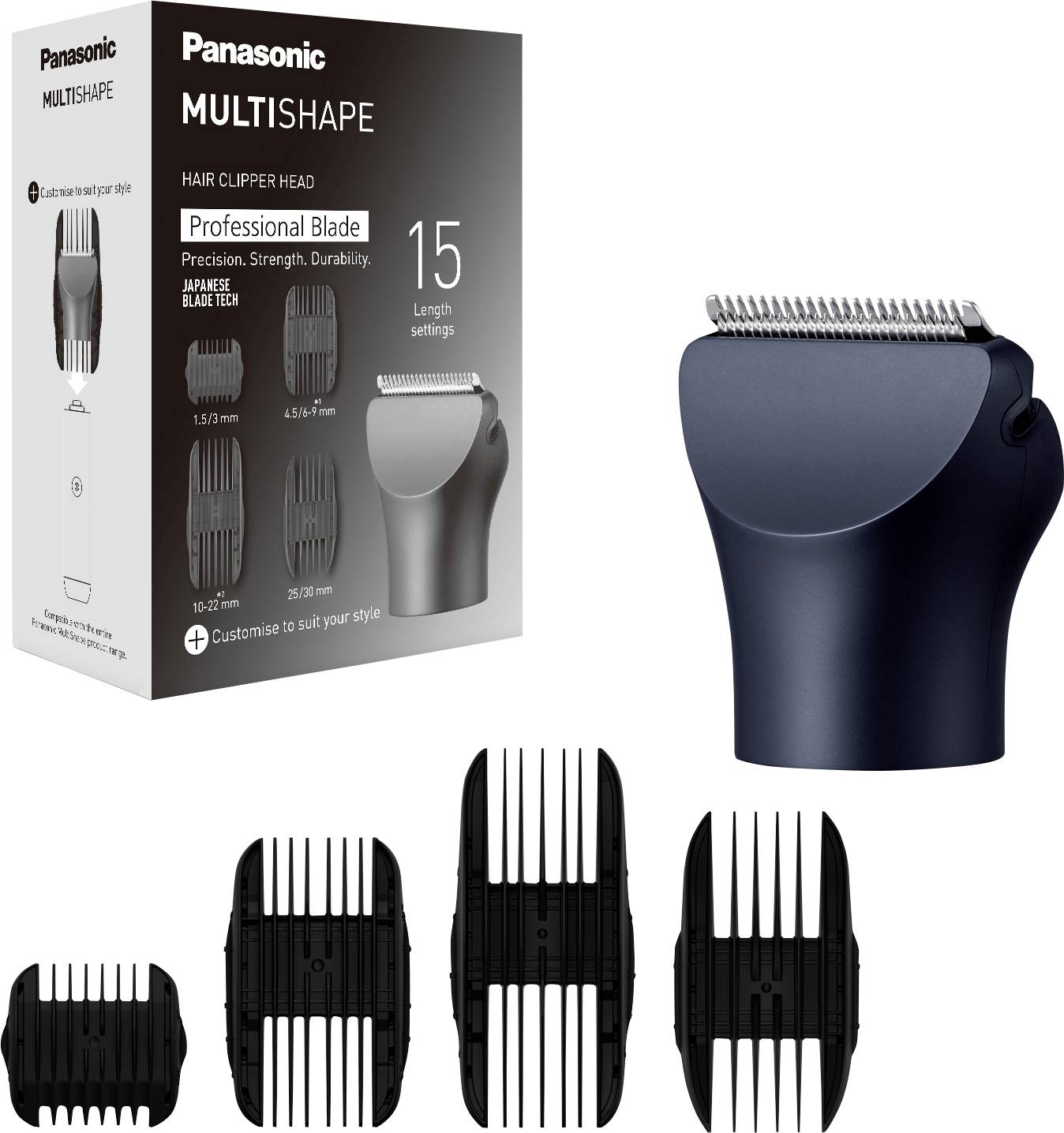 Panasonic Multishape Haarschneidekopf mit 15 Längeneinstellungen und vier Aufsätzen. Verpackung zeigt 'Professional Blade' und 'Customize to suit your Style'.