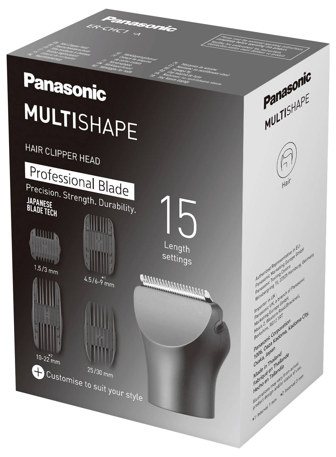 Verpackung eines Panasonic MULTISHAPE Haarschneiders mit abgebildeter Klinge. 15 Längeneinstellungen, drei Aufsätze von 1-25 mm.
