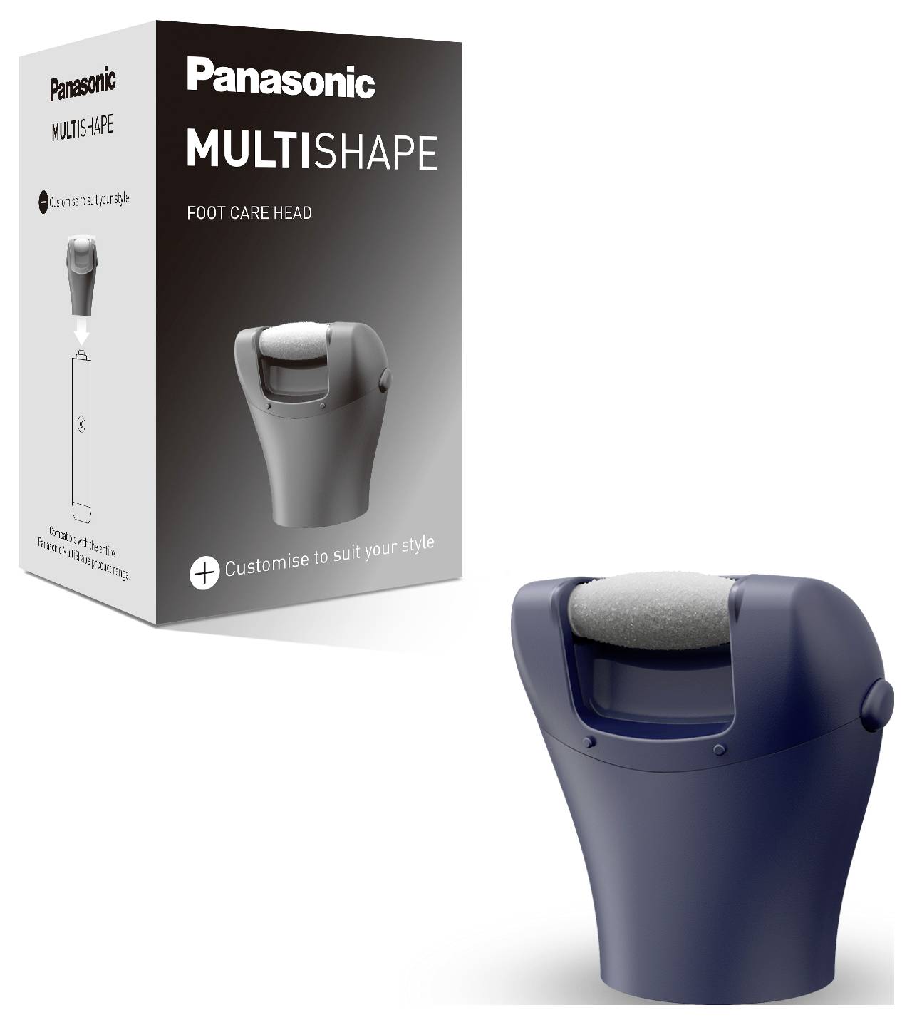 Kopf eines elektrischen Hornhautentferners von Panasonic mit Verpackung. Auf der Verpackung steht 'MULTISHAPE Foot Care Head'.