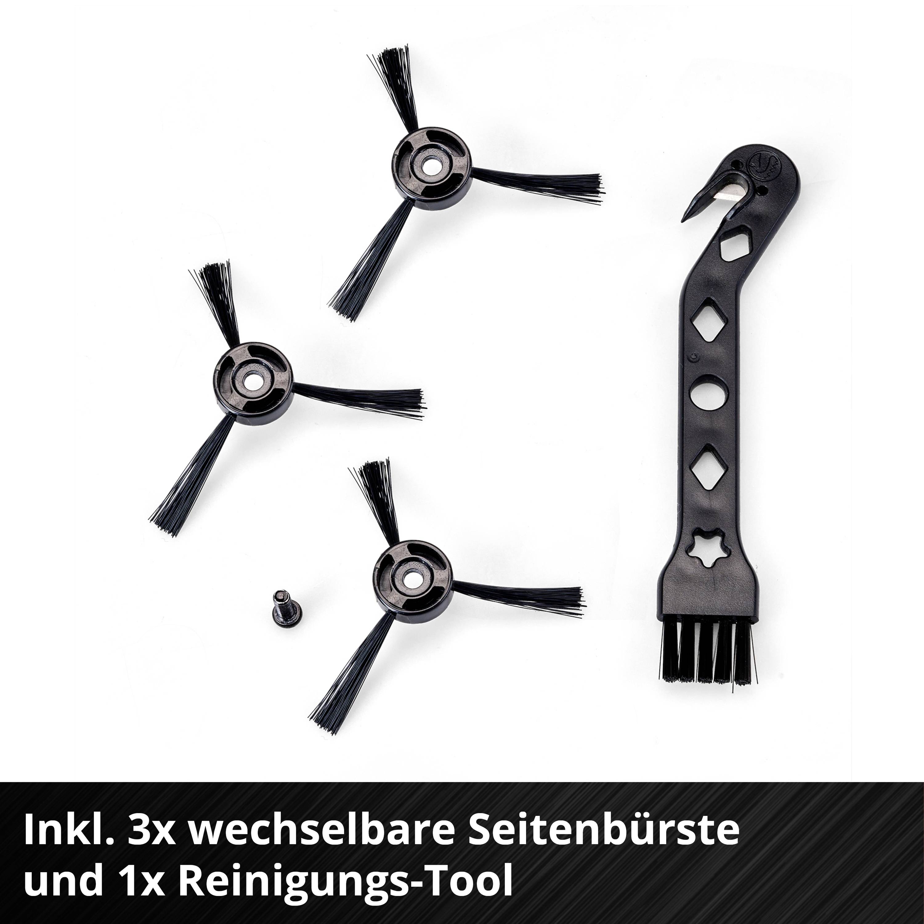 'Inklusive 3 austauschbare Seitenbürsten und 1 Reinigungstool.' Bild zeigt drei Seitenbürsten für einen Staubsauger und ein Werkzeug.