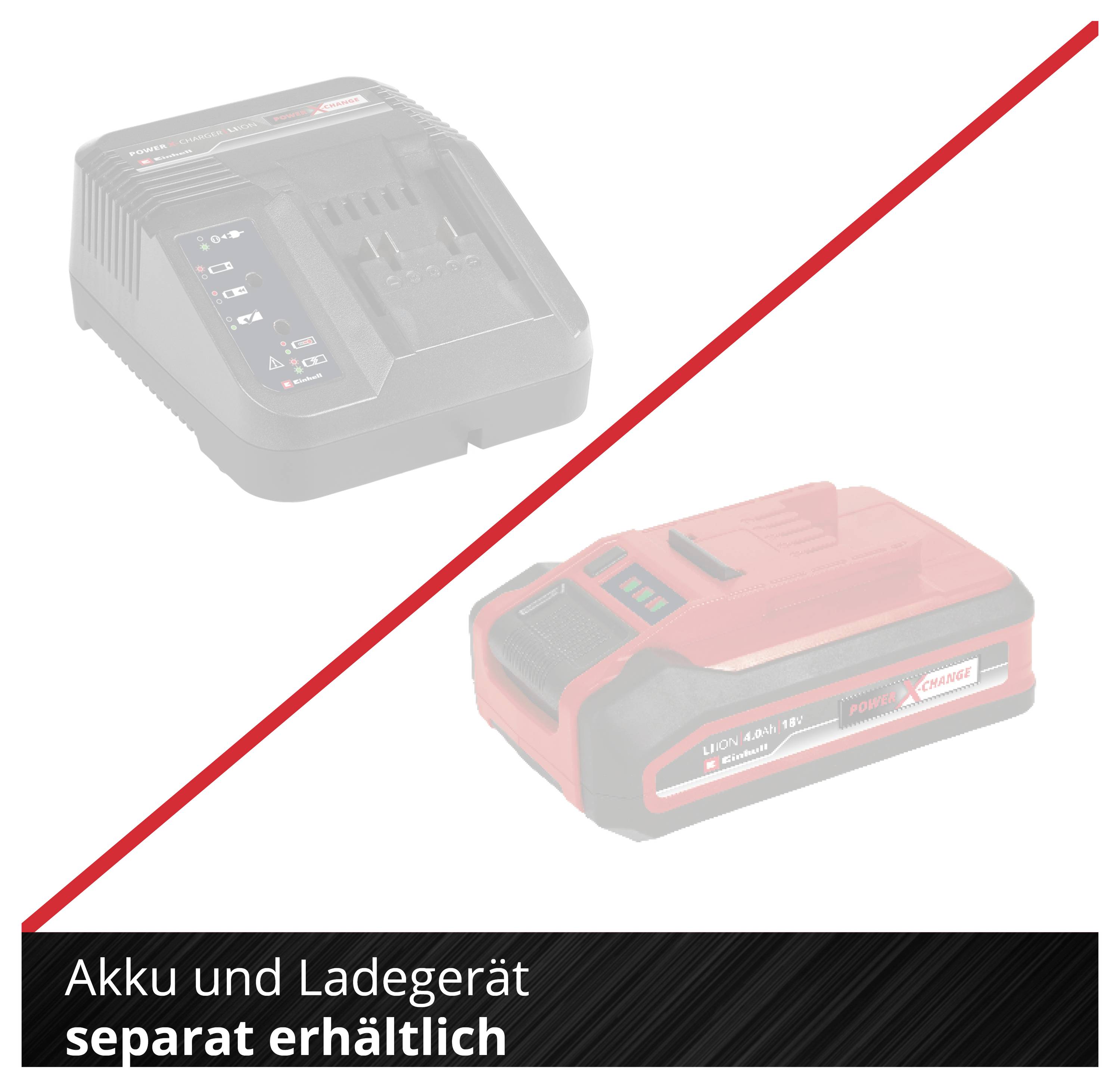Akku und Ladegerät separat erhältlich; abgebildet sind ein Ladegerät und ein Akku, durch roten Schrägstrich getrennt.
