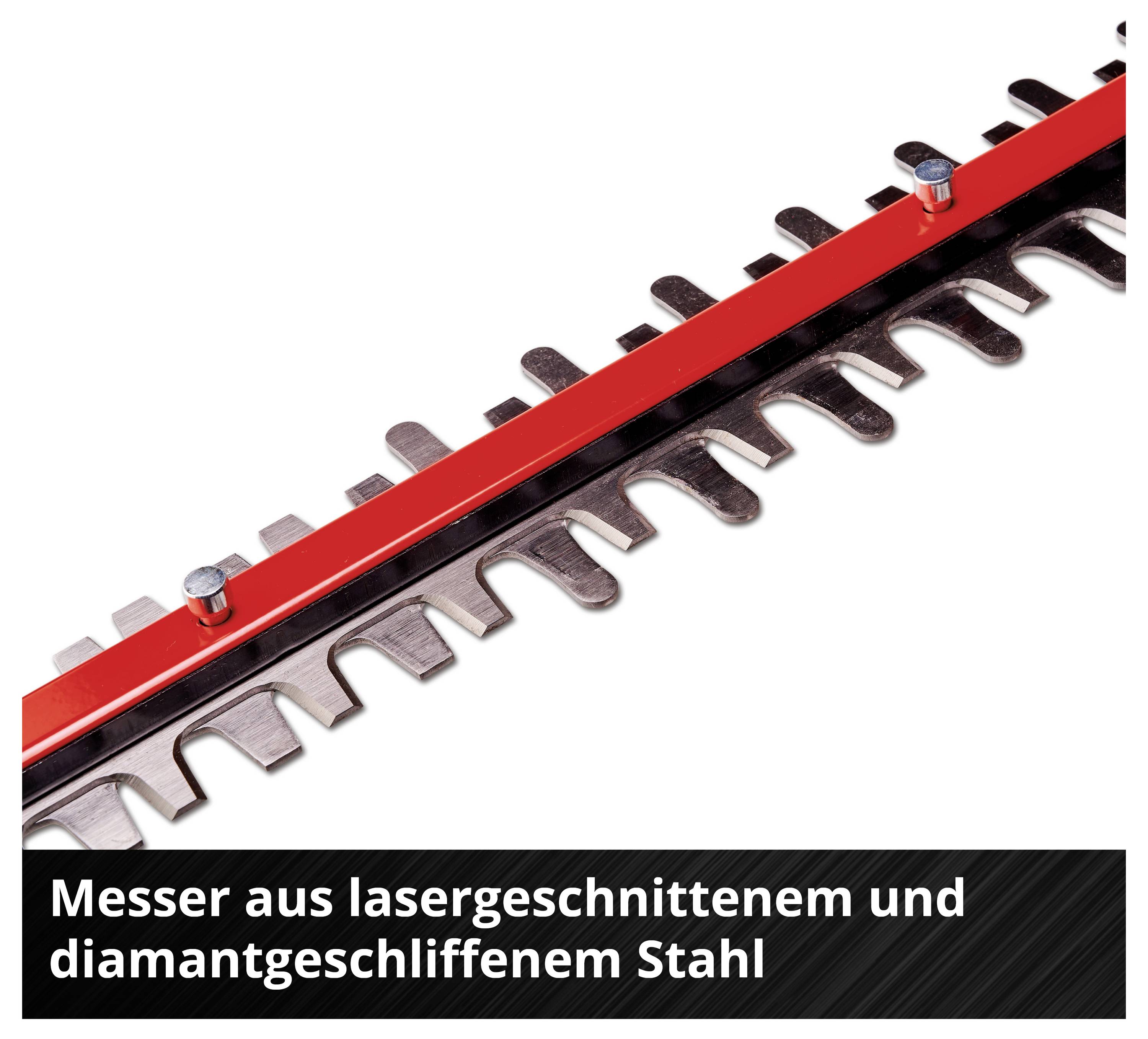 Detail eines Heckenscherenmessers aus lasergeschnittenem und diamantgeschliffenem Stahl; unten steht der Hinweistext 'Messer aus lasergeschnittenem und diamantgeschliffenem Stahl'.