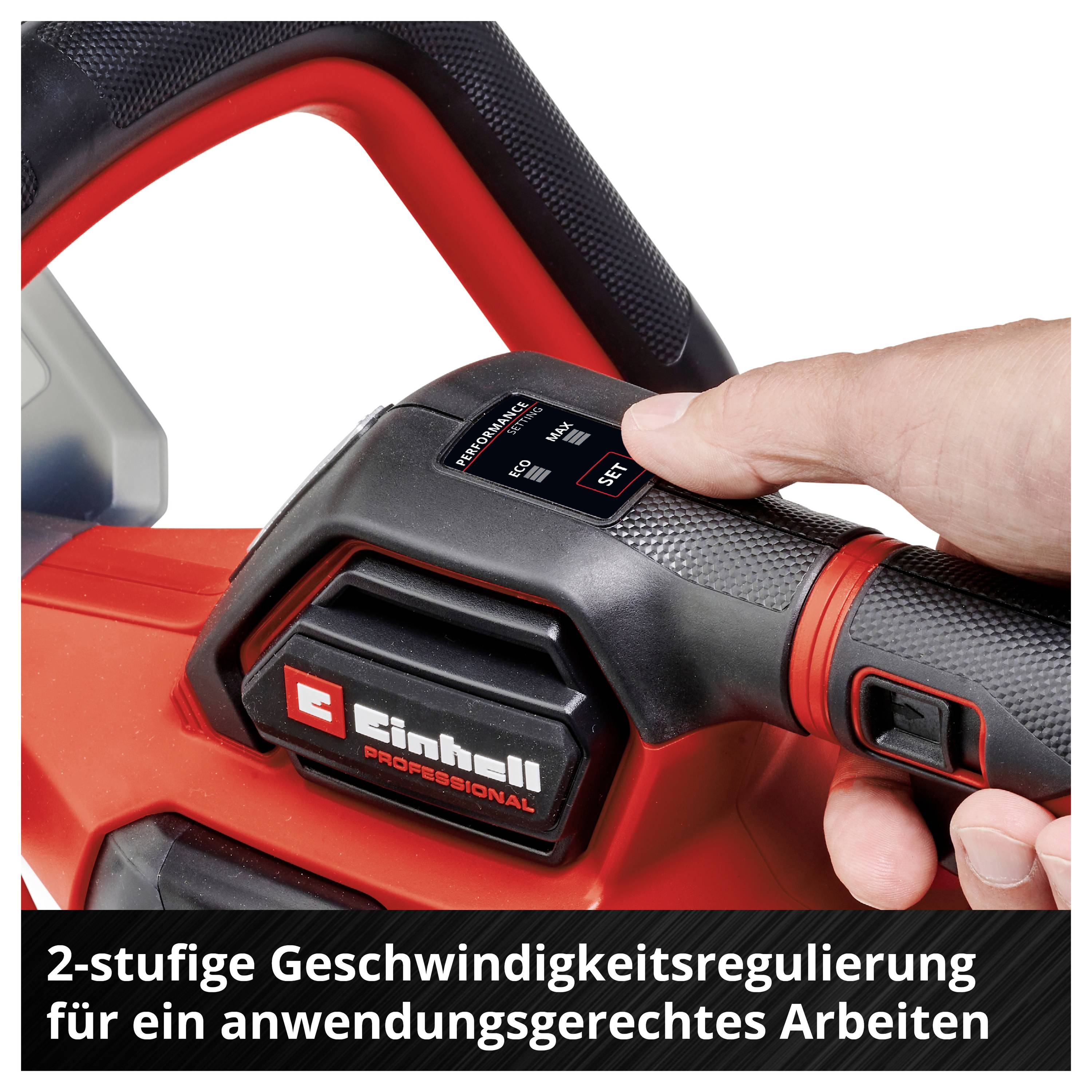 Eine Hand stellt an einem Einhell-Akku-Werkzeug die 2-stufige Geschwindigkeitsregulierung ein; Text: '2-stufige Geschwindigkeitsregulierung für ein anwendungsgerechtes Arbeiten'.