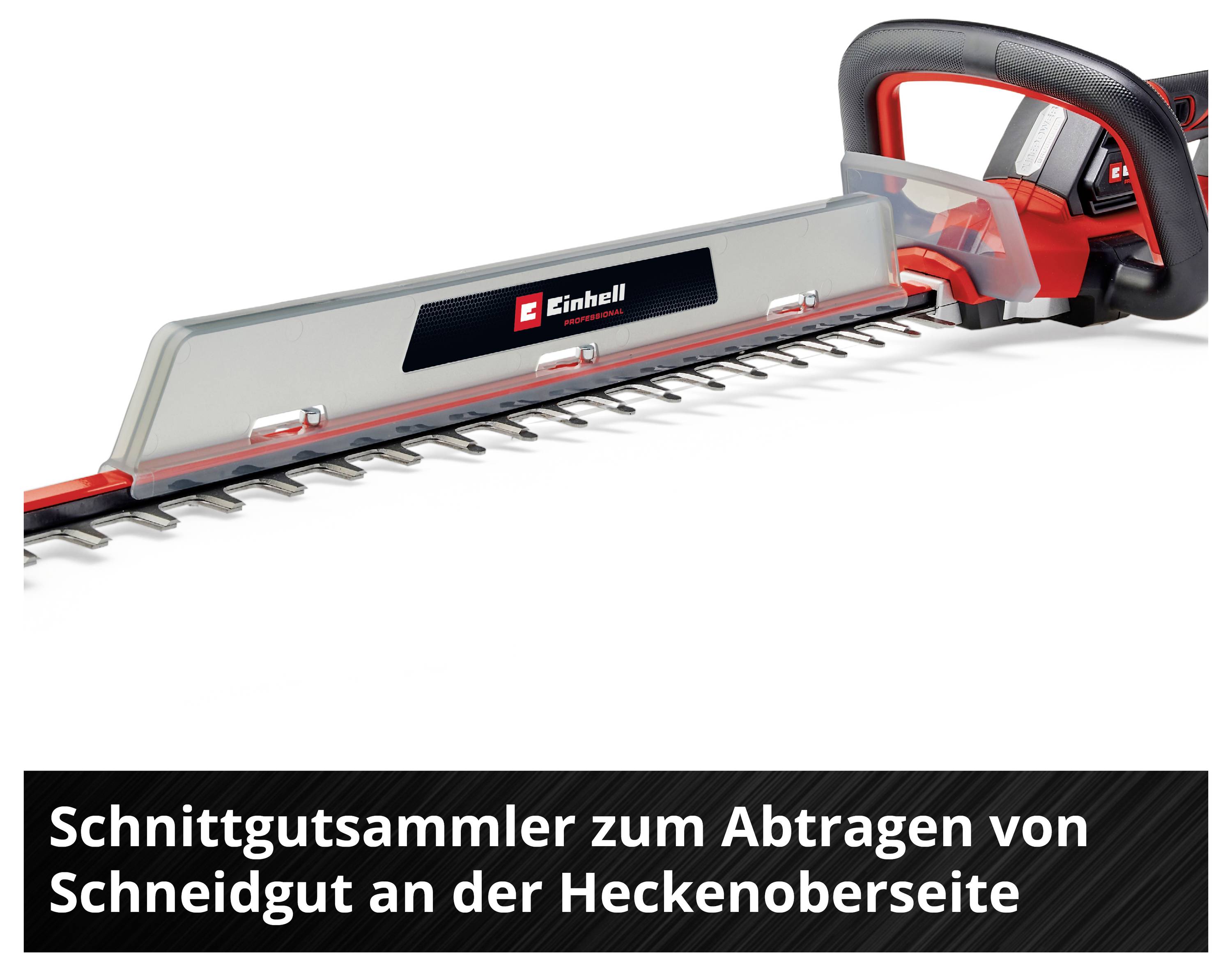 Elektrische Heckenschere mit Schnittgutsammler; sammelt Schnittgut an der Oberseite der Hecke beim Schneiden.