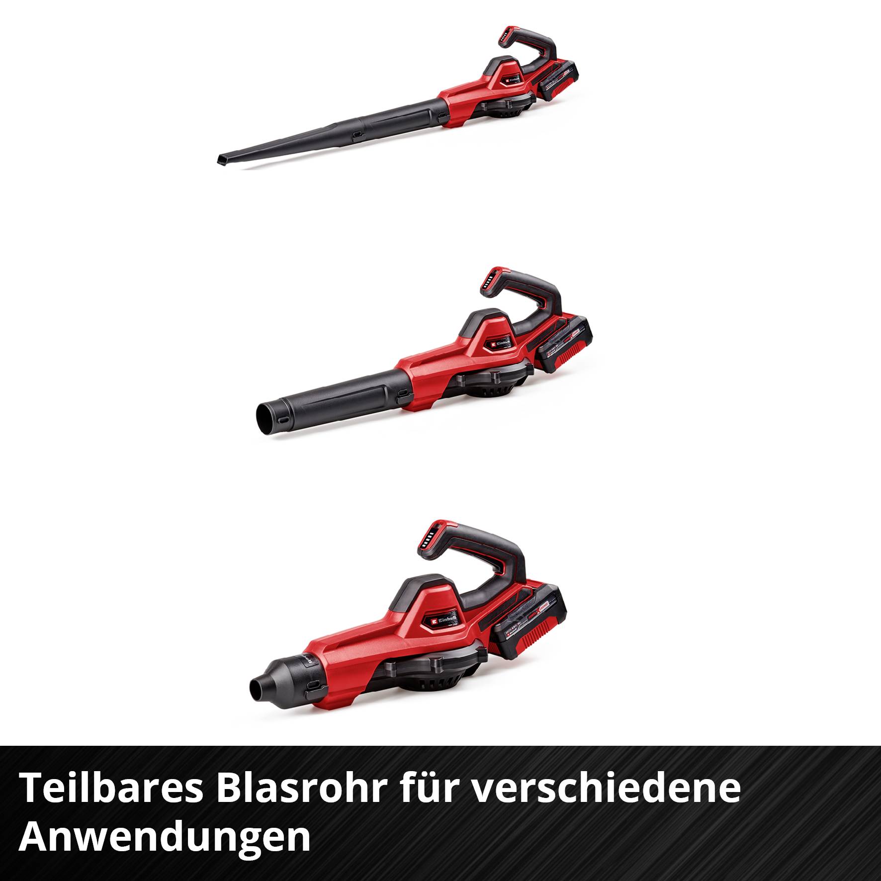 Teilbare rote und schwarze Blasrohre in verschiedenen Konfigurationen. Text: 'Teilbares Blasrohr für verschiedene Anwendungen'.