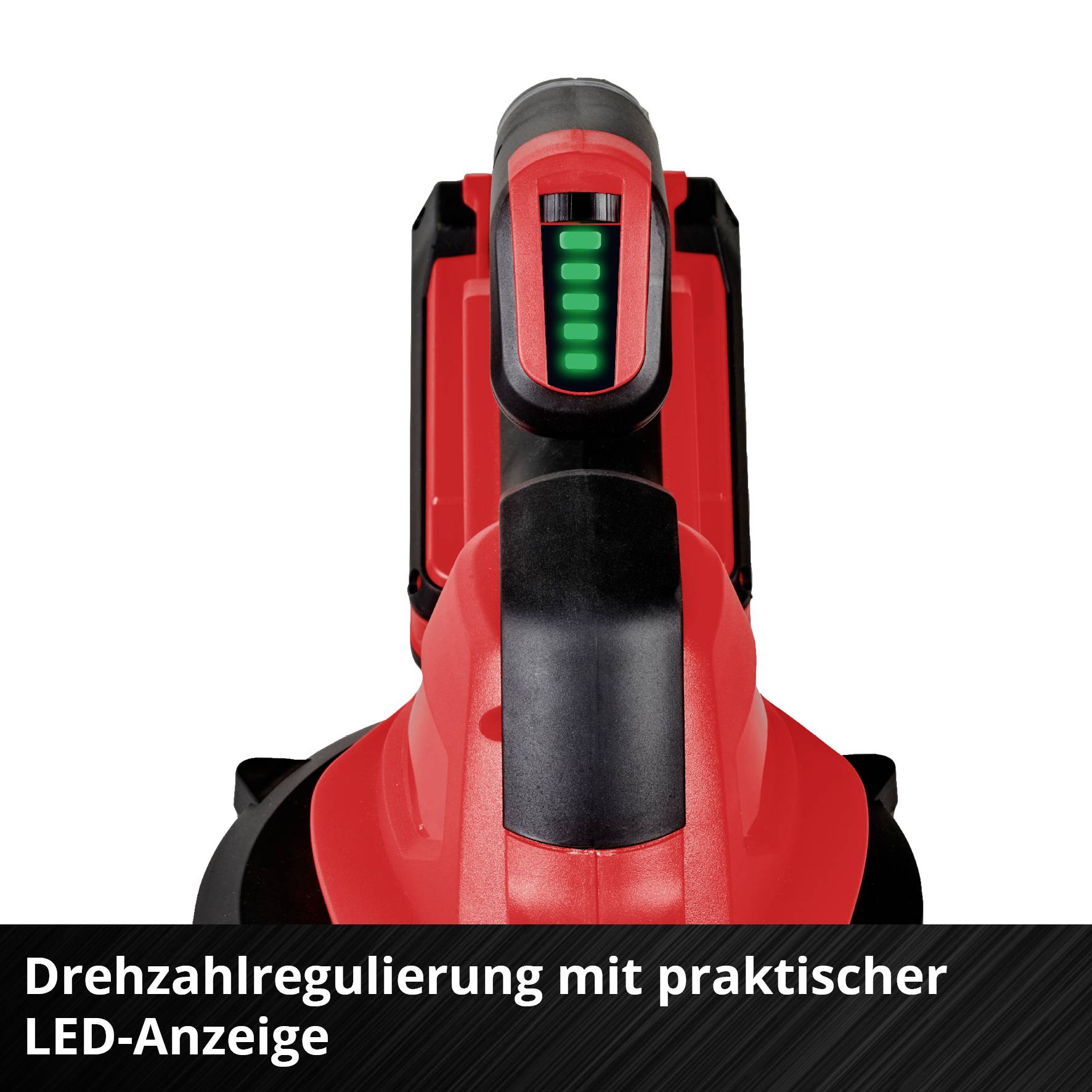 'Abbildung eines roten Elektrogeräts mit LED-Anzeige zur Drehzahlregulierung.' Text darunter: 'Drehzahlregulierung mit praktischer LED-Anzeige'.