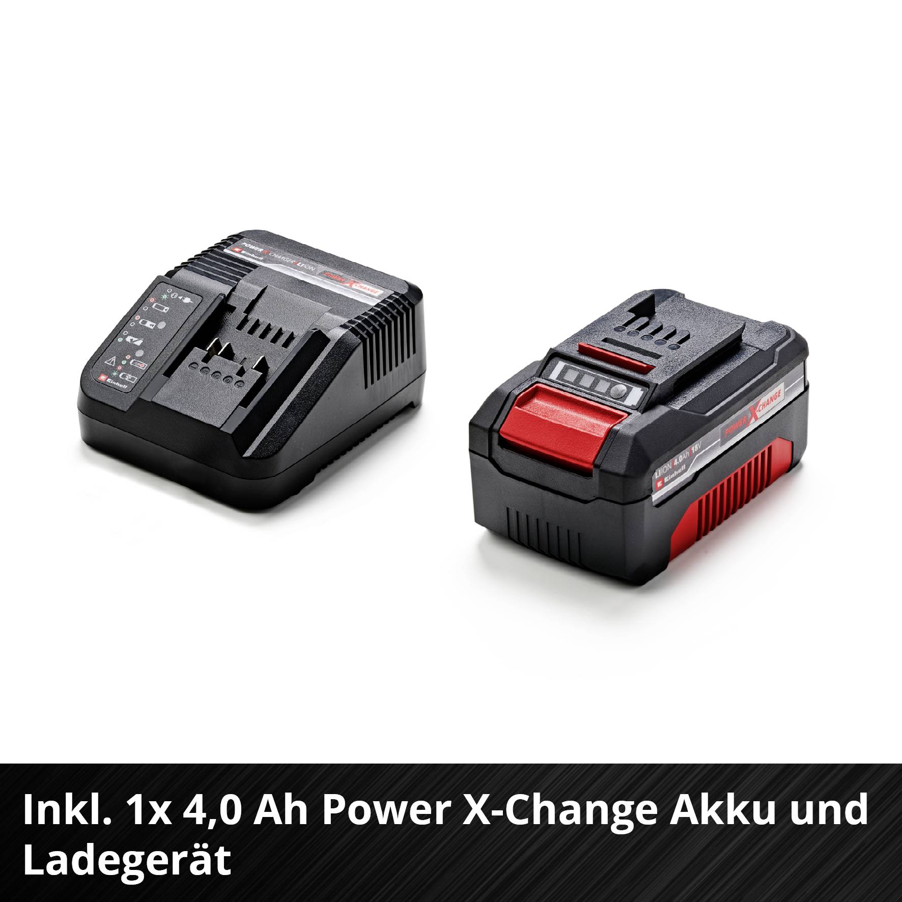 Ein Ladegerät und ein 4,0 Ah Power X-Change Akku. Text: 'Inkl. 1x 4,0 Ah Power X-Change Akku und Ladegerät'.