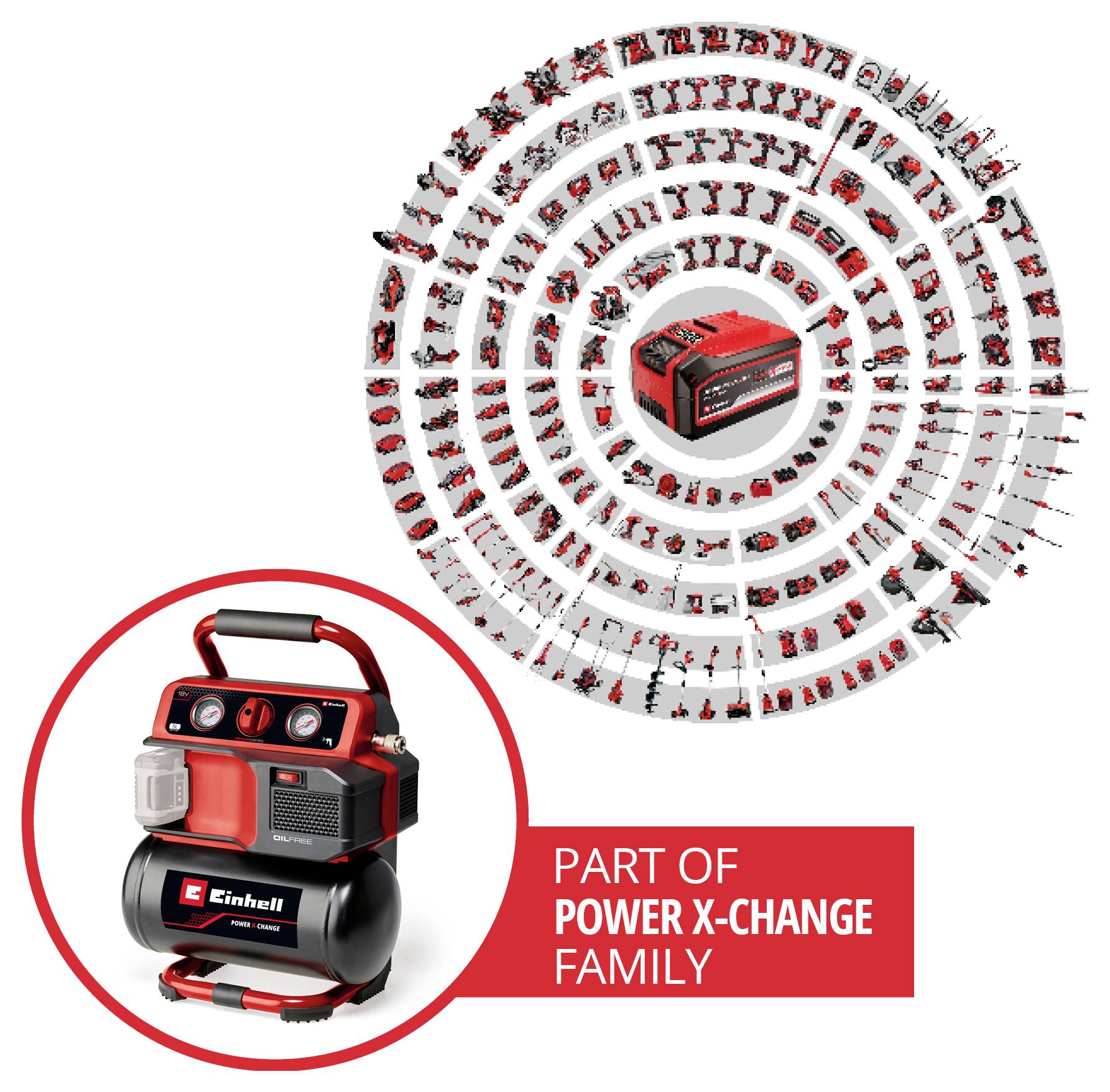 Einhell tragbarer Luftkompressor mit rotem „Power X-Change Family