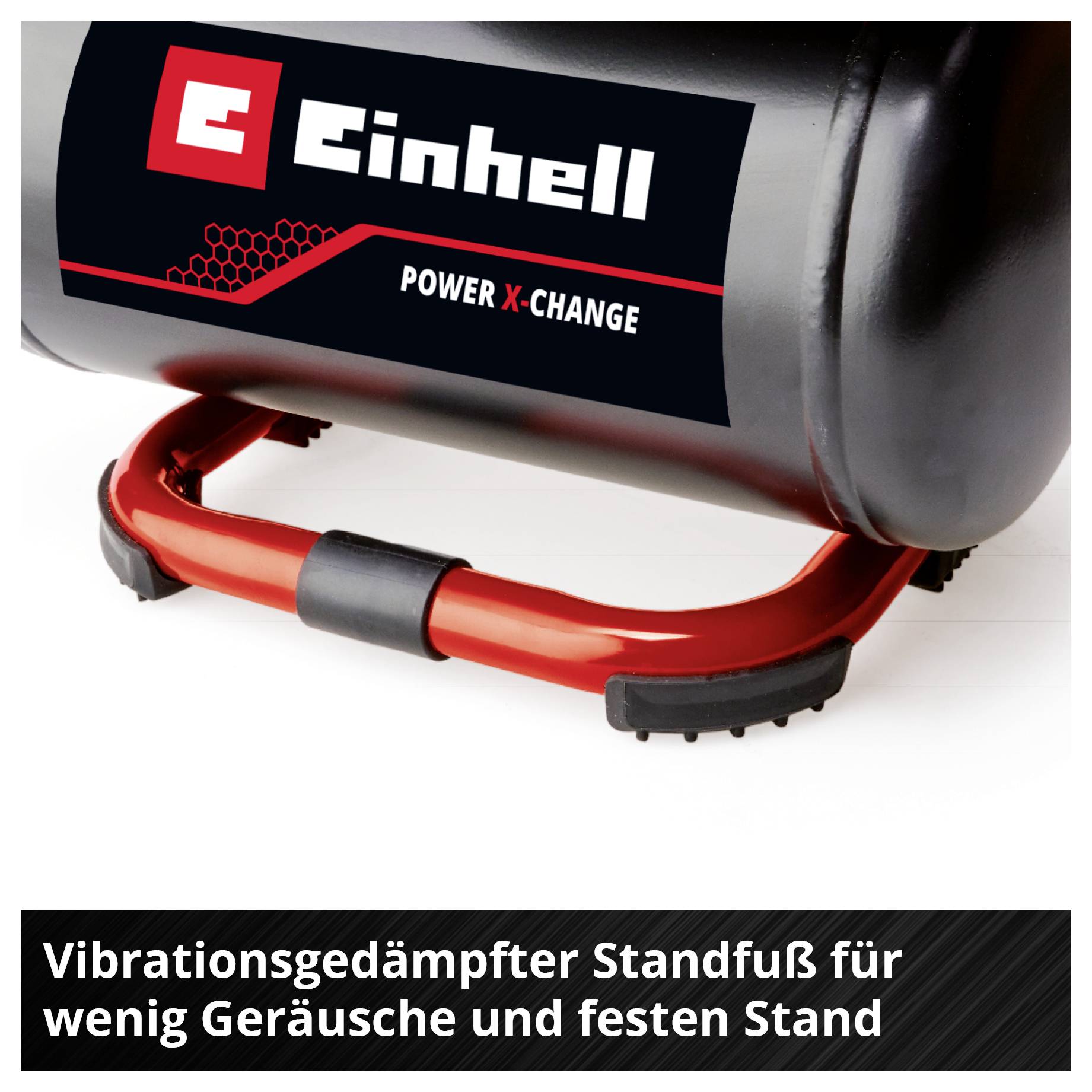 Nahaufnahme eines Einhell-Kompressors mit rotem vibrationsgedämpftem Standfuß; Text: 'Vibrationsgedämpfter Standfuß für wenig Geräusche und festen Stand'.