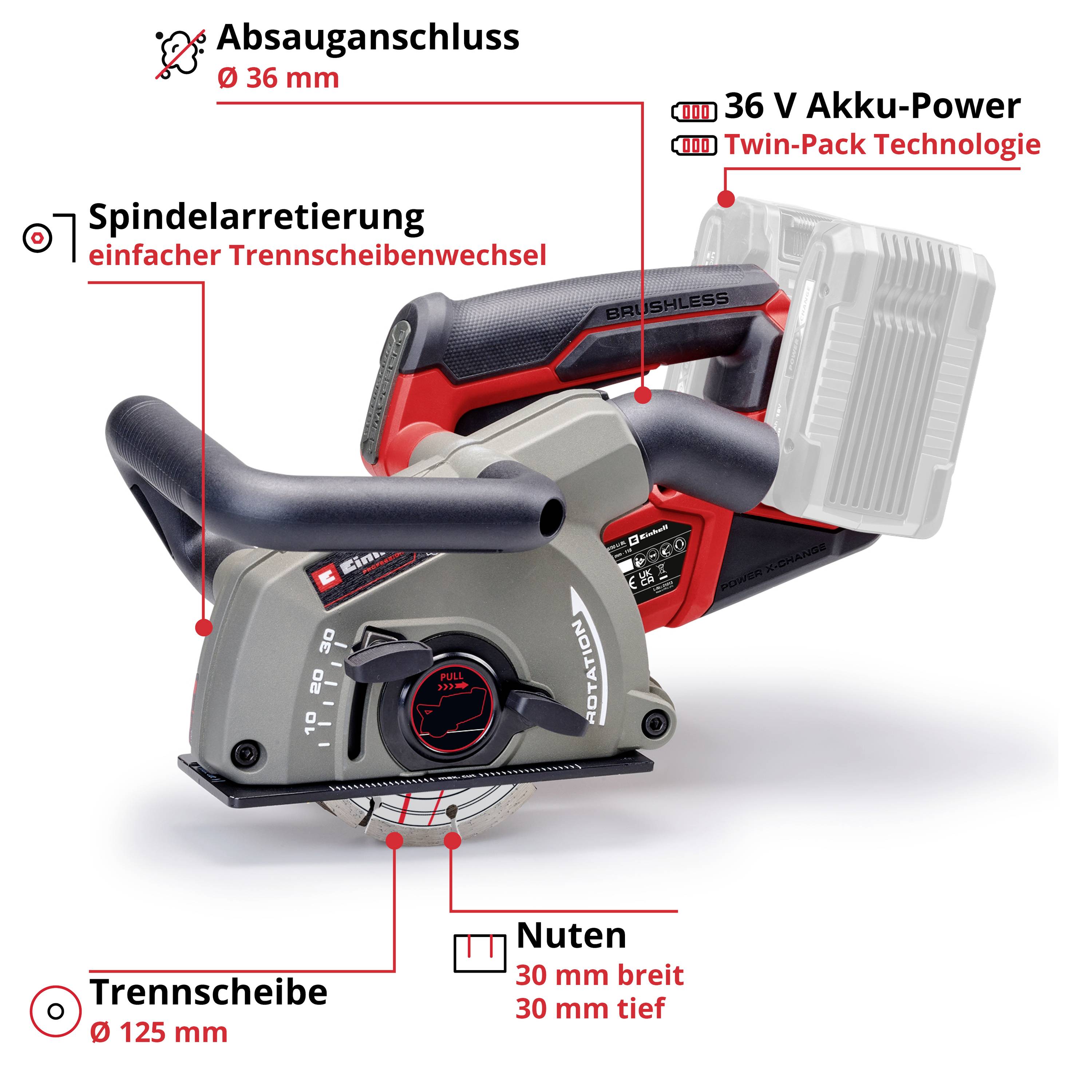 Einhell Professional Power X-Change TP-MA 36/30 Li BL - Solo 4350800 Akku-Mauernutfräse 125mm ohne Akku, ohne Ladegerät, inkl