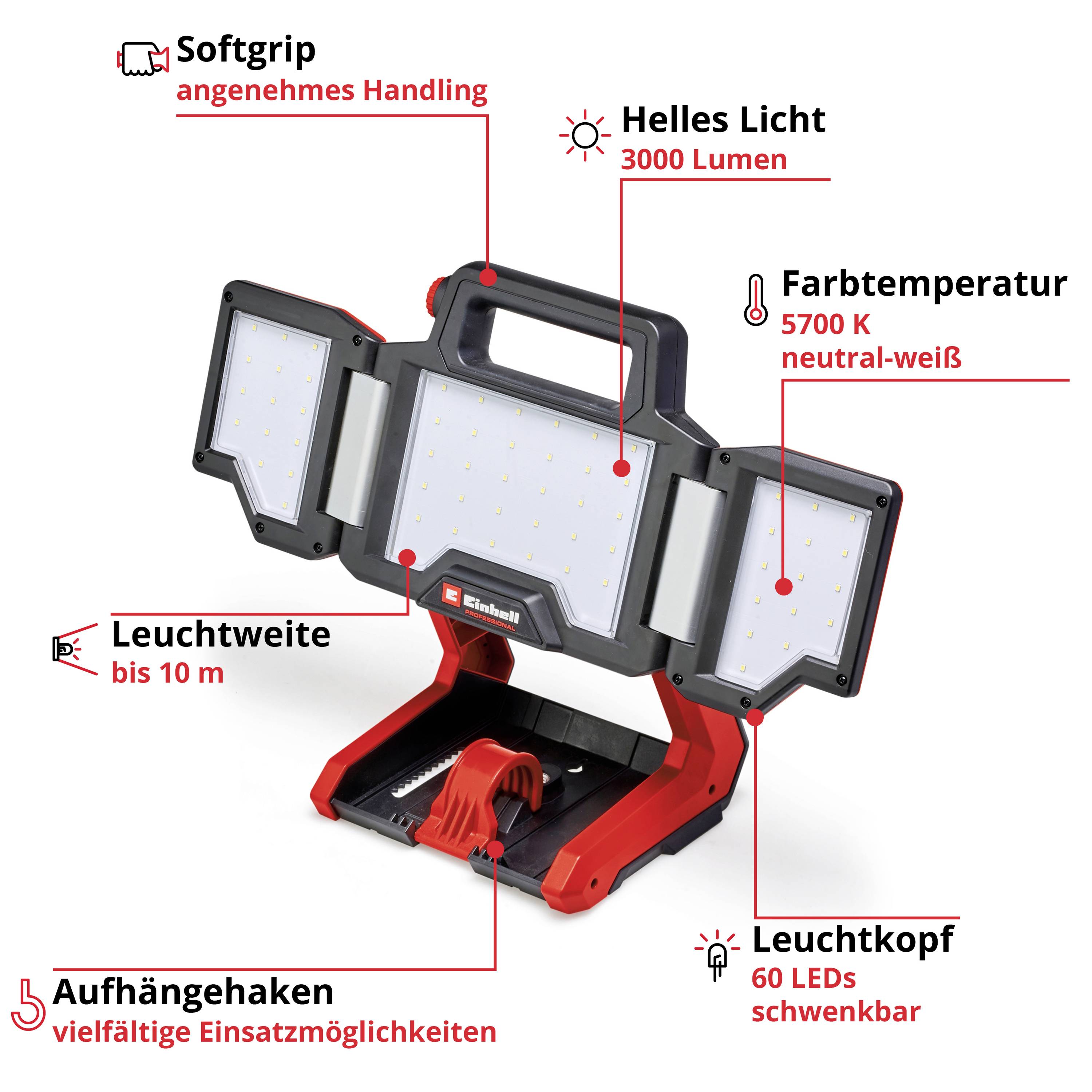 Image eines LED-Strahlers mit Softgrip, hellem Licht (3000 Lumen), Farbtemperatur 5700 K, schwenkbarem Leuchtkopf und Aufhängehaken.