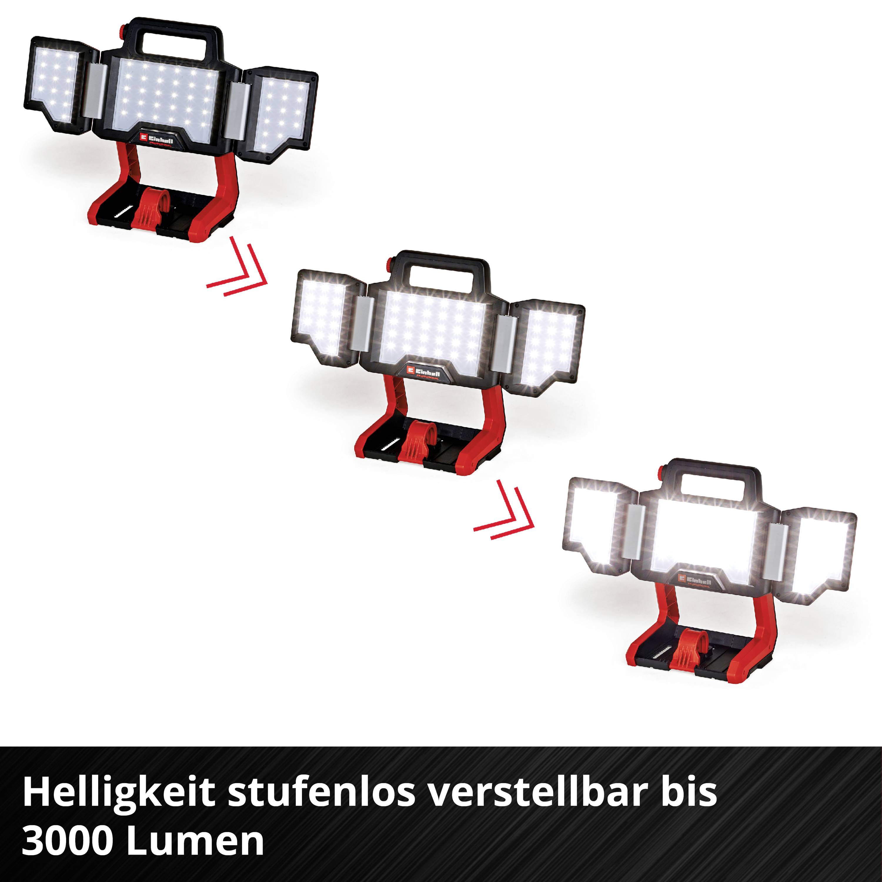 'Drei LED-Arbeitslampen in verschiedenen Winkeln gezeigt. Helligkeit stufenlos verstellbar bis 3000 Lumen' im schwarzen Textfeld.
