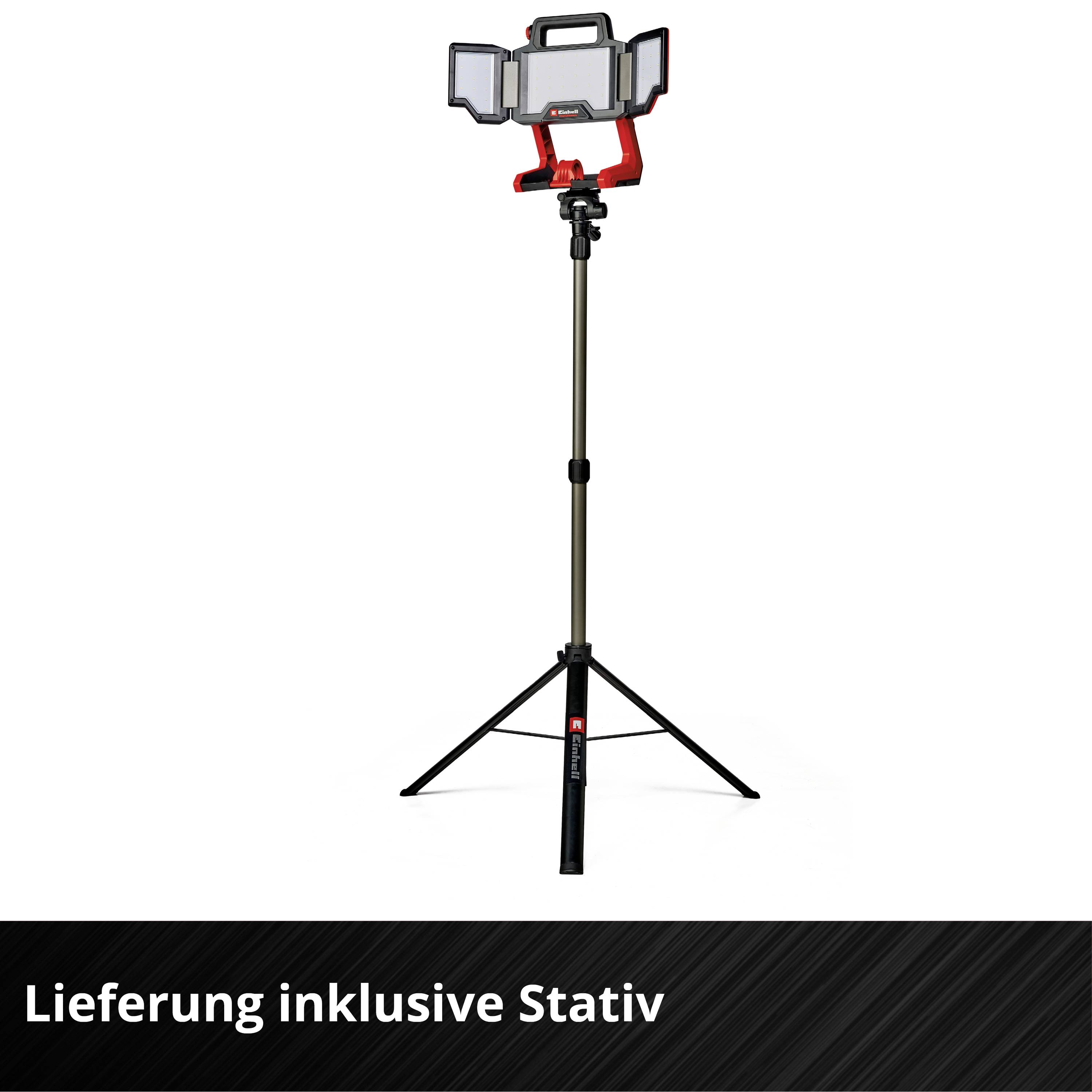 LED-Arbeitsleuchte auf Stativ, verstellbar in Höhe. Text am Bildrand: Lieferung inklusive Stativ.
