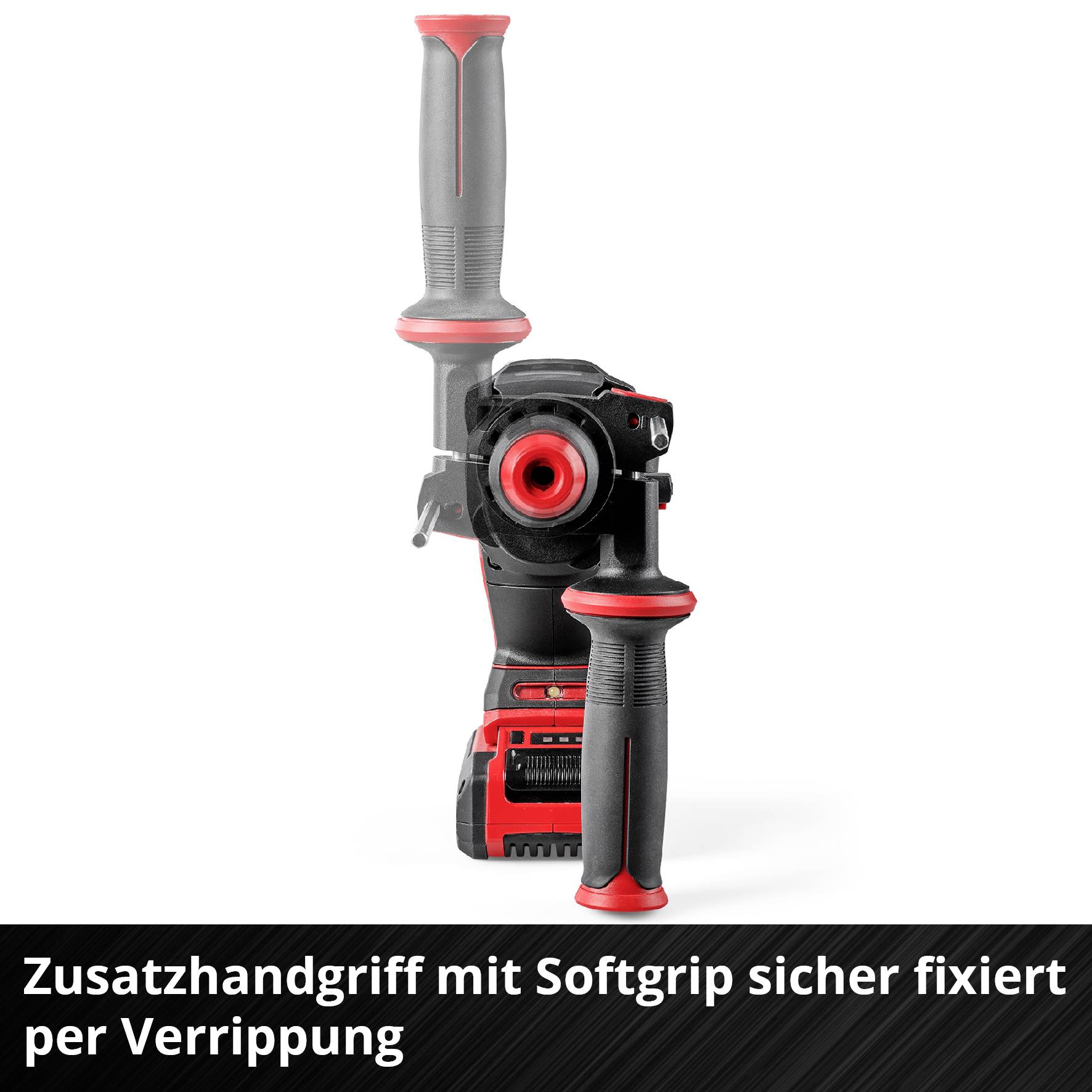 'Zusatzhandgriff mit Softgrip, sicher fixiert per Verrippung.' Ein Bild eines roten elektrischen Werkzeugs mit mehreren Griffen.