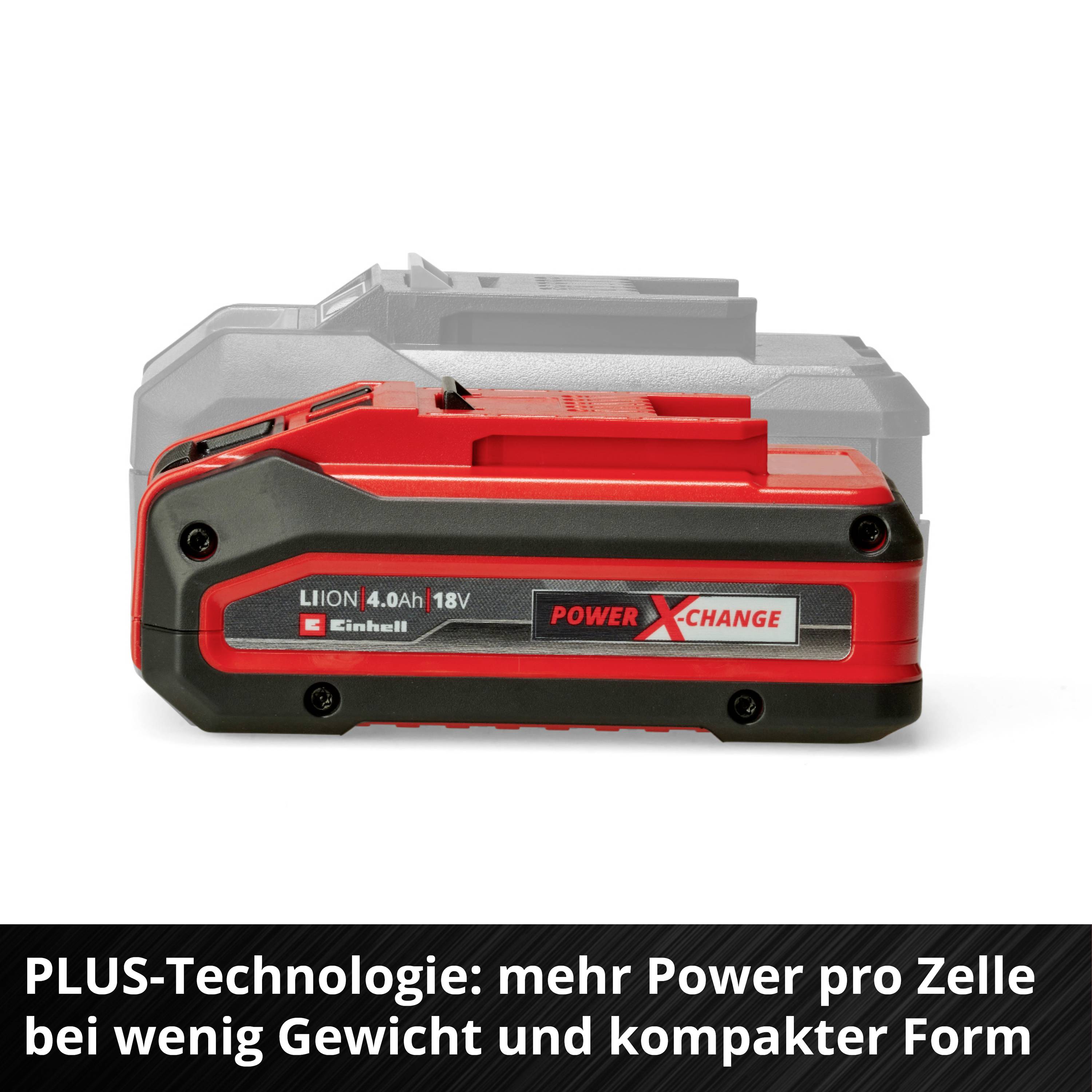 Roter Li-Ionen-Akku 18V, 4,0Ah Power X-Change. Text darunter: 'PLUS-Technologie: mehr Power pro Zelle bei wenig Gewicht und kompakter Form'.