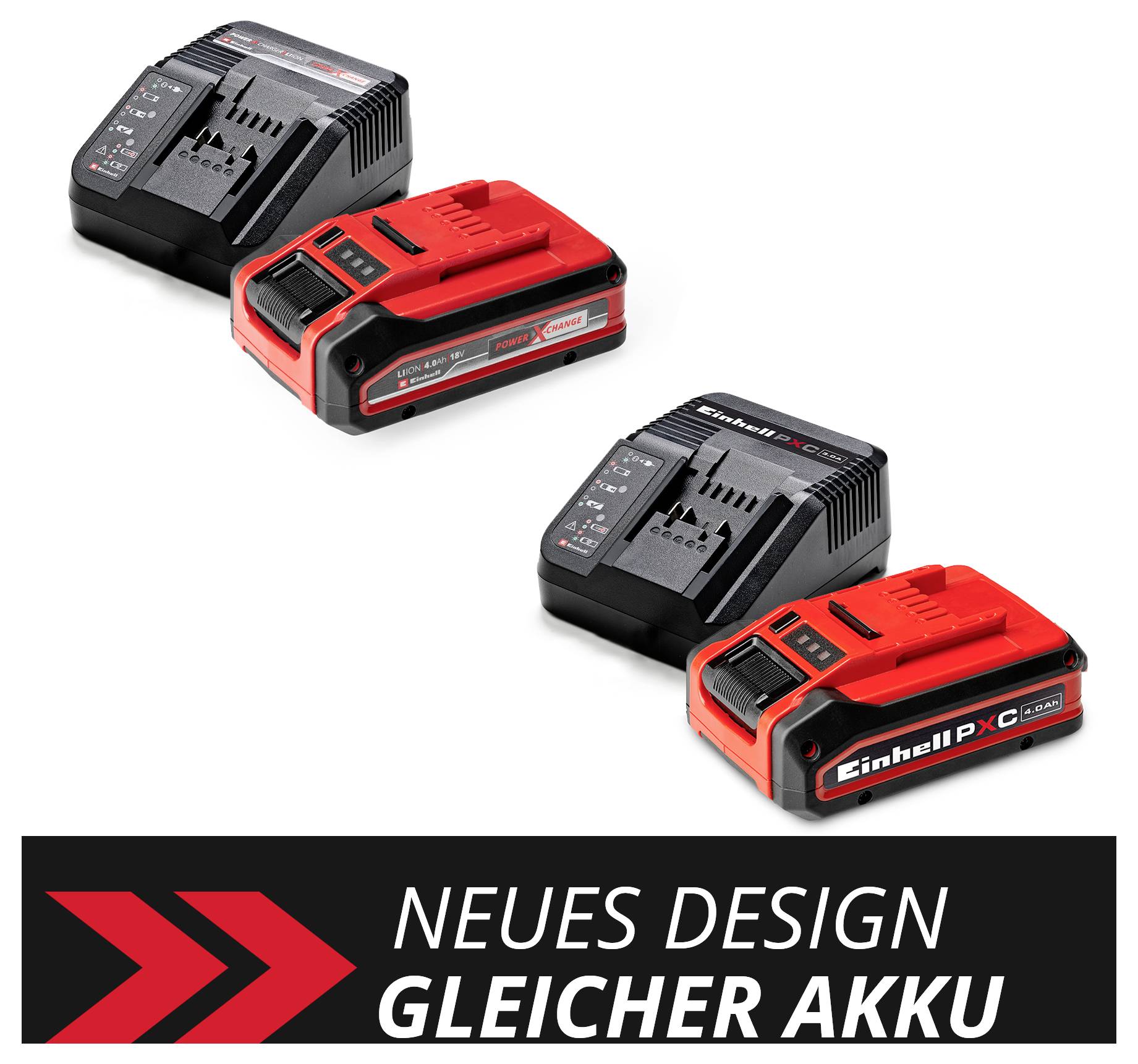Drei Einhell-Akkuladegeräte und Akkus in neuem Design, identische Leistung. Beschriftung: Neues Design, gleicher Akku.