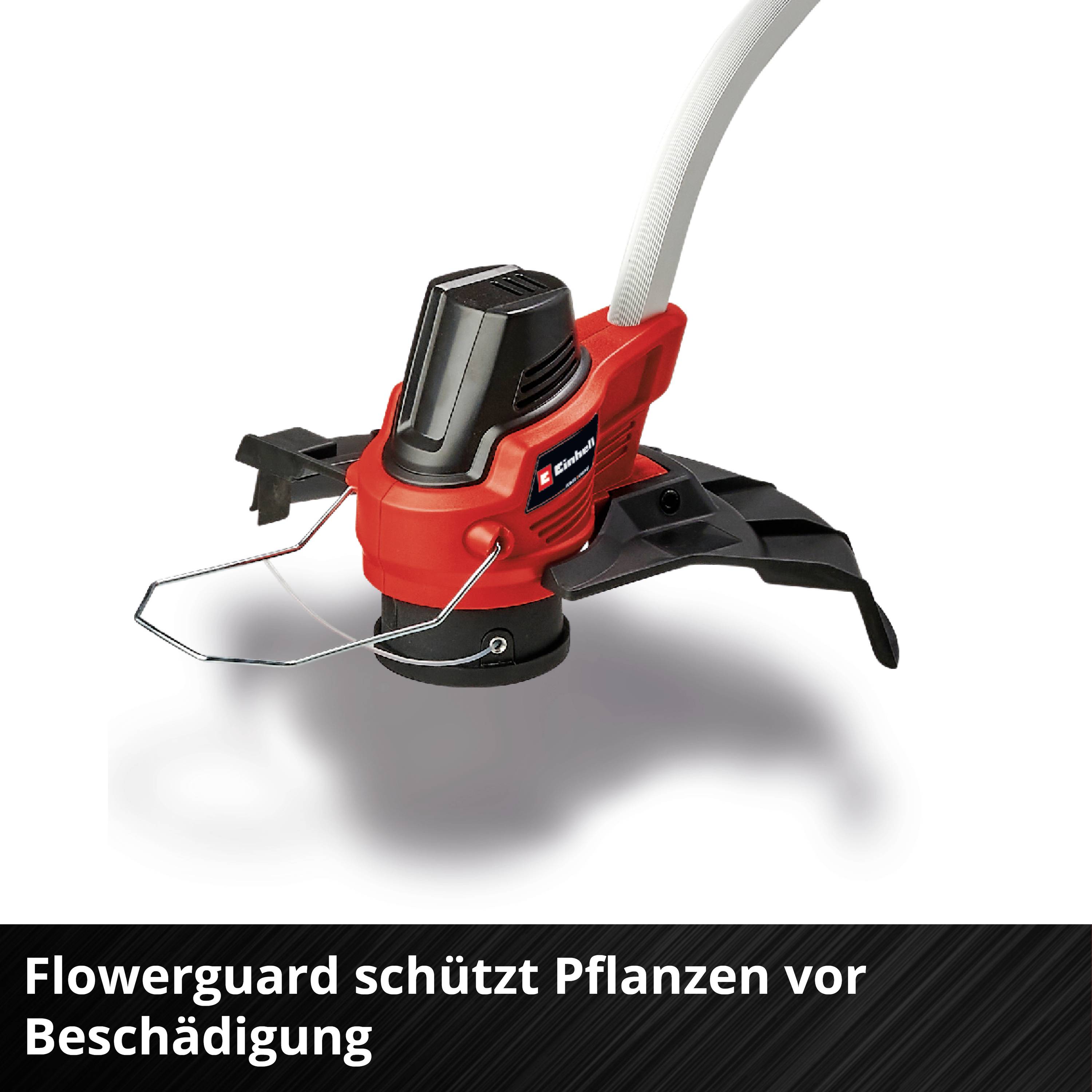 Roter Rasentrimmer mit 'Flowerguard' zum Pflanzenschutz. Text unten: 'Flowerguard schützt Pflanzen vor Beschädigung'.