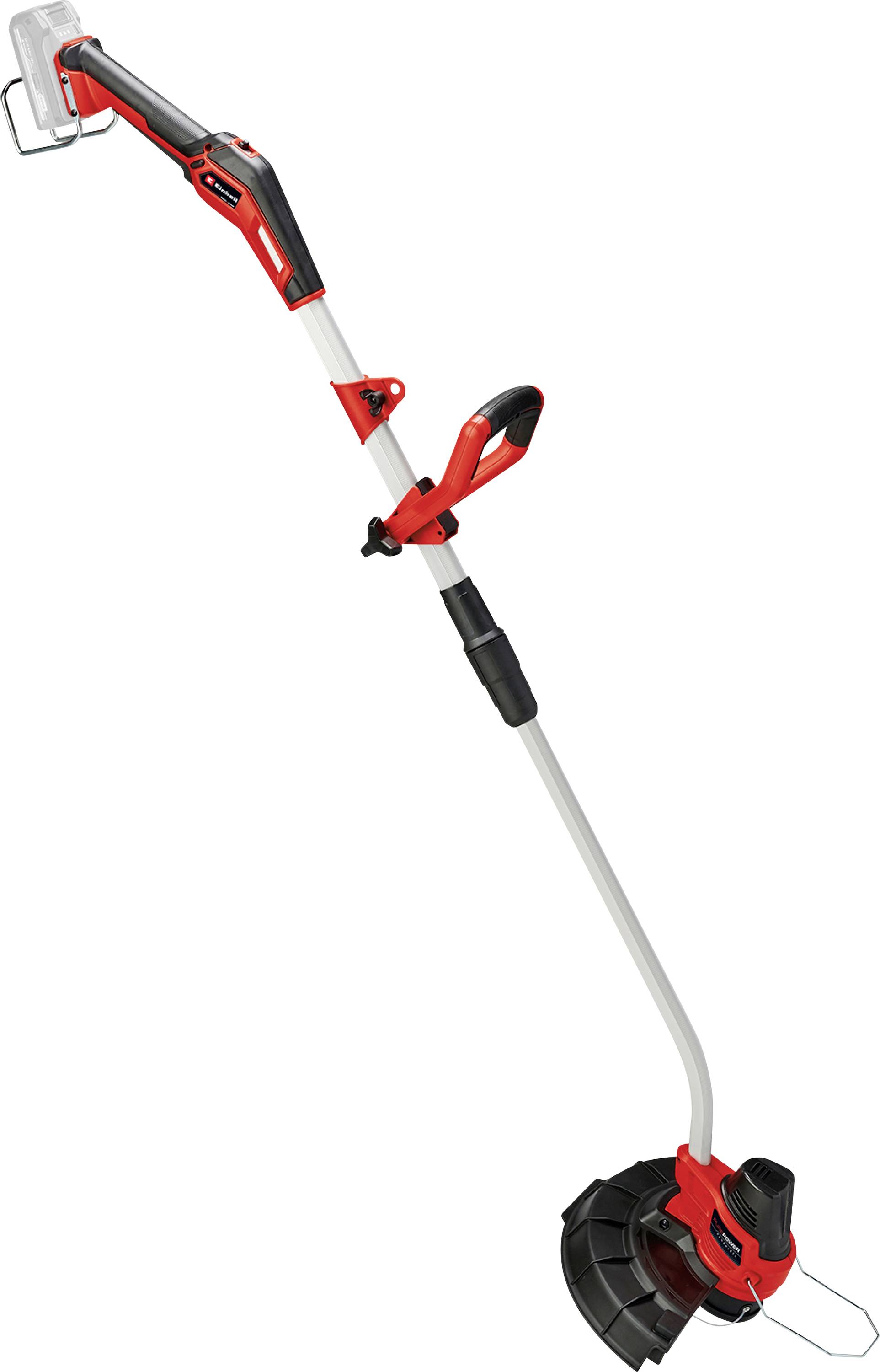 Roter und schwarzer Rasentrimmer mit langem Griff, Schneidkopf unten, Batteriefach oben. Geeignet zum Trimmen von Gras in Gärten.