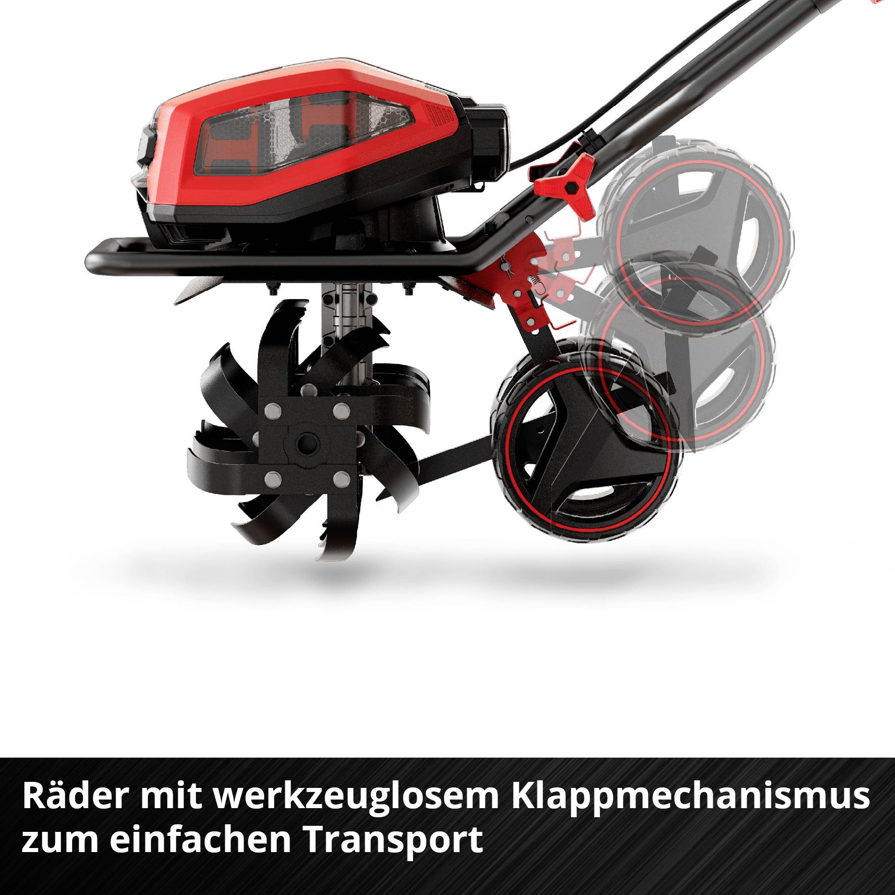 Rasenmäher mit rot-schwarzem Design, zeigt Klappmechanismus der Räder für einfachen Transport. Text: 'Räder mit werkzeuglosem Klappmechanismus'.