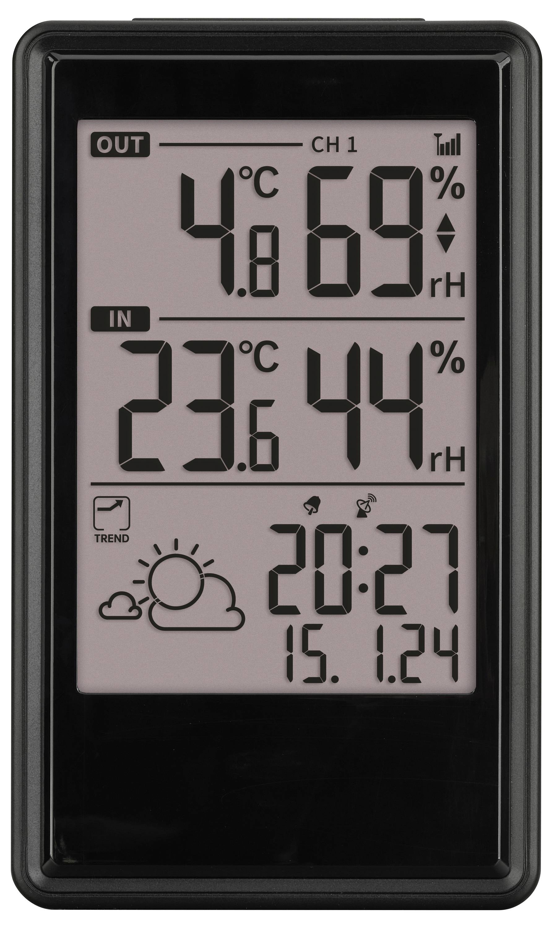 Digitales Thermometer zeigt 'OUT' 4,8°C, 69% rH; 'IN' 23,6°C, 44% rH; Uhrzeit 20:27, Datum 15.1.24, mit Wettertrend Sonne.