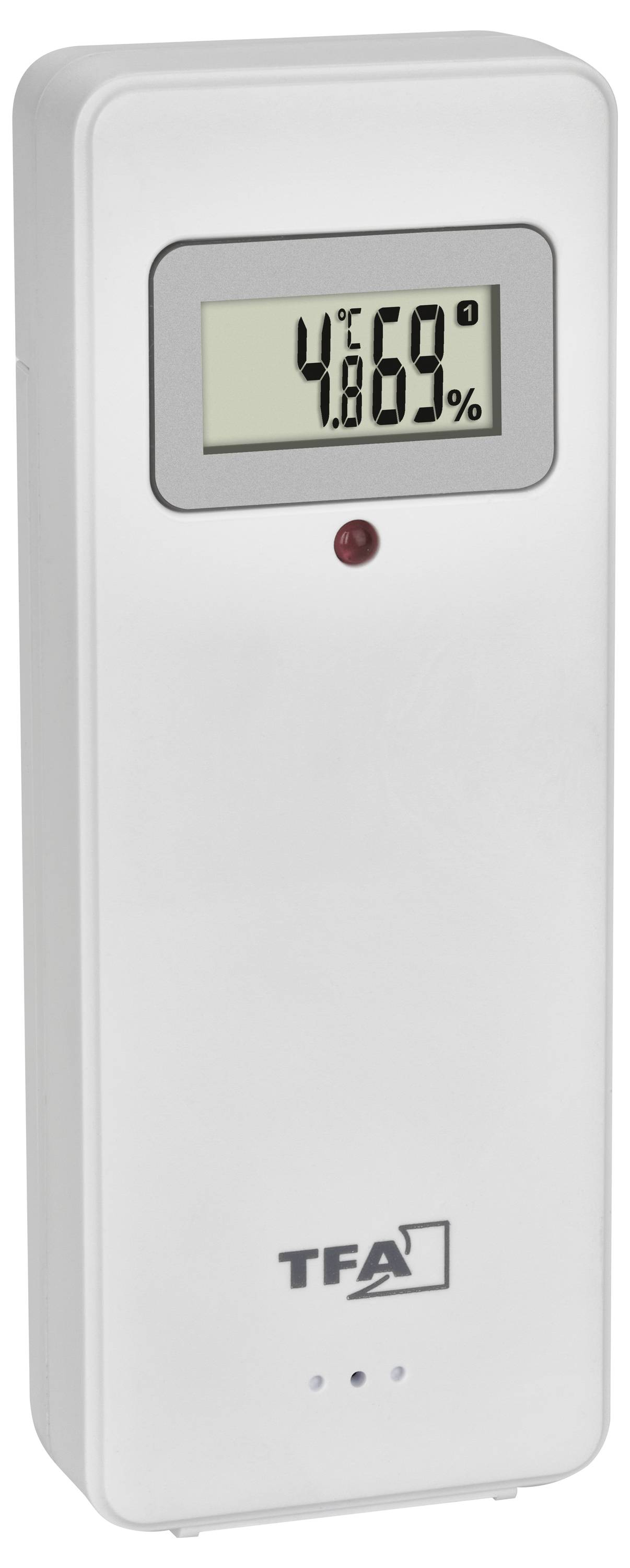 Digitales Thermometer-Hygrometer mit Bildschirmanzeige. Zeigt 4°C und 69% Luftfeuchtigkeit. Markenlogo unten.