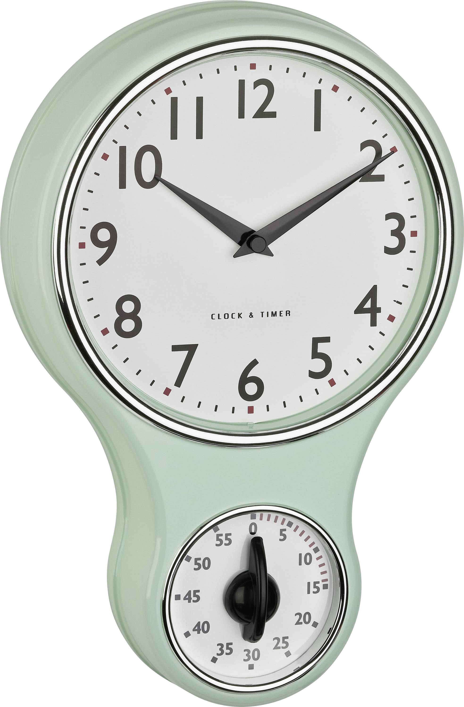 Eine mintgrüne Wanduhr mit klassischem Zifferblatt oben und einem integrierten Timer unten.