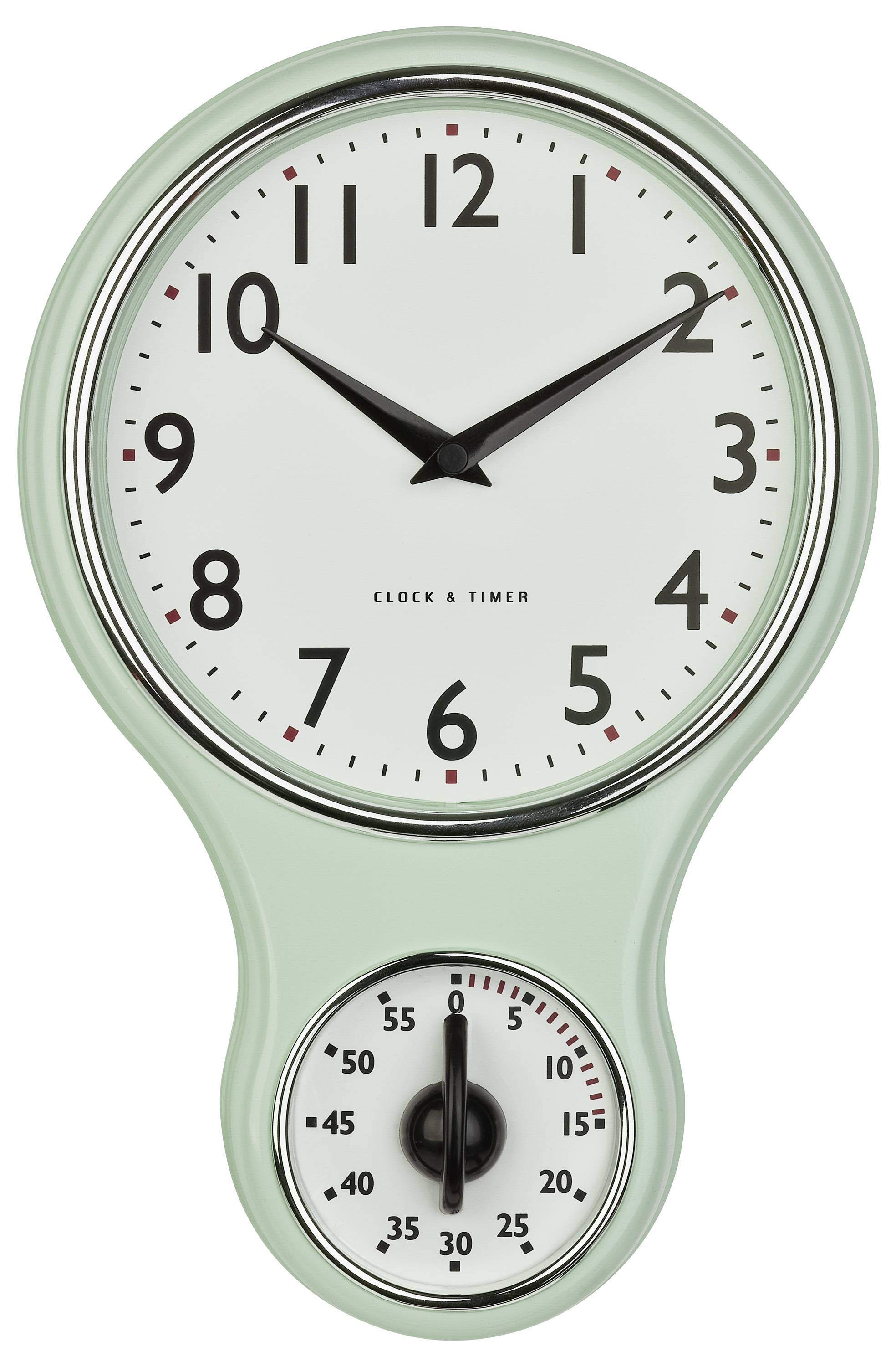 Eine grüne Küchenuhr mit rundem Zifferblatt zeigt 10:10 Uhr. Darunter ist ein eingebauter Timer, der auf 55 Minuten eingestellt ist.