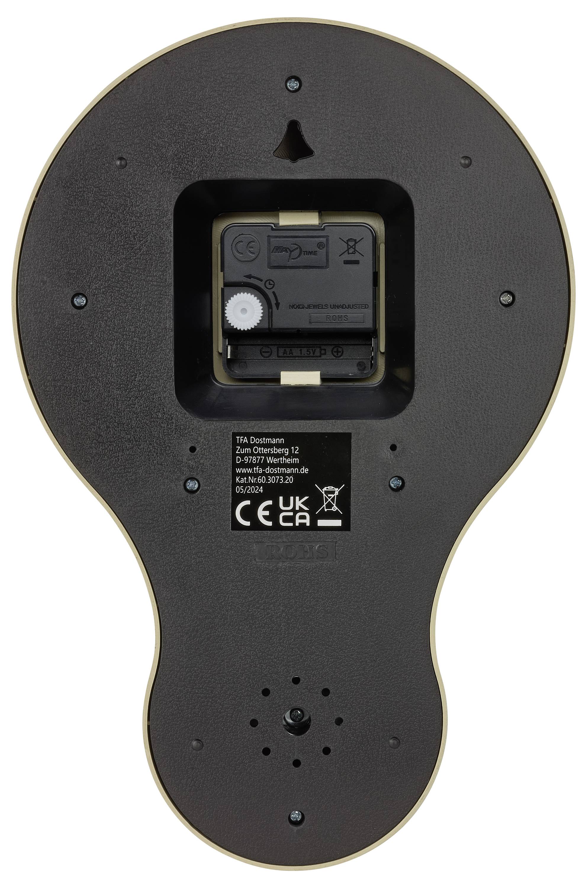 Rückseite eines elektronischen Geräts mit Batteriehalterung, Prüfzeichen und Modellinformationen sichtbar, auf einem weißen Hintergrund.