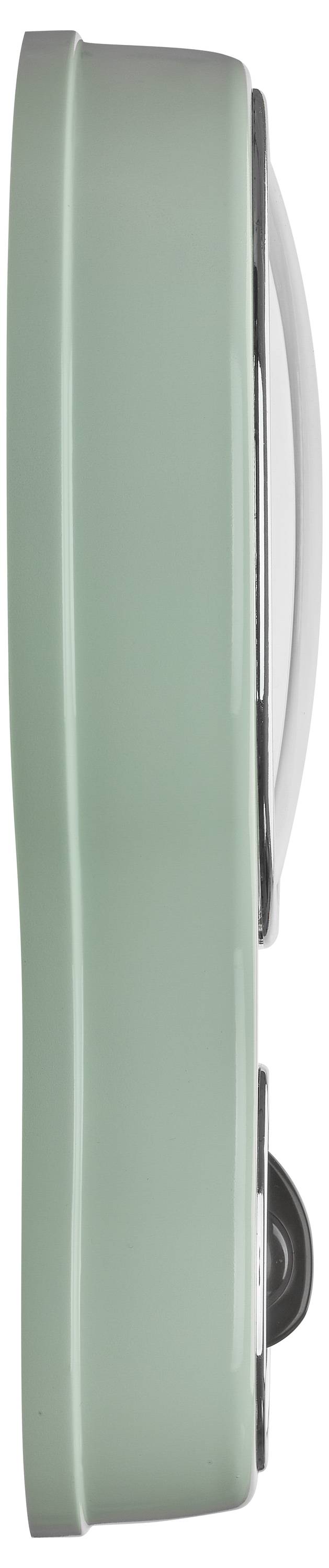 Seitliche Ansicht einer mintgrünen, runden Kamera mit einem Objektiv auf der rechten Seite.