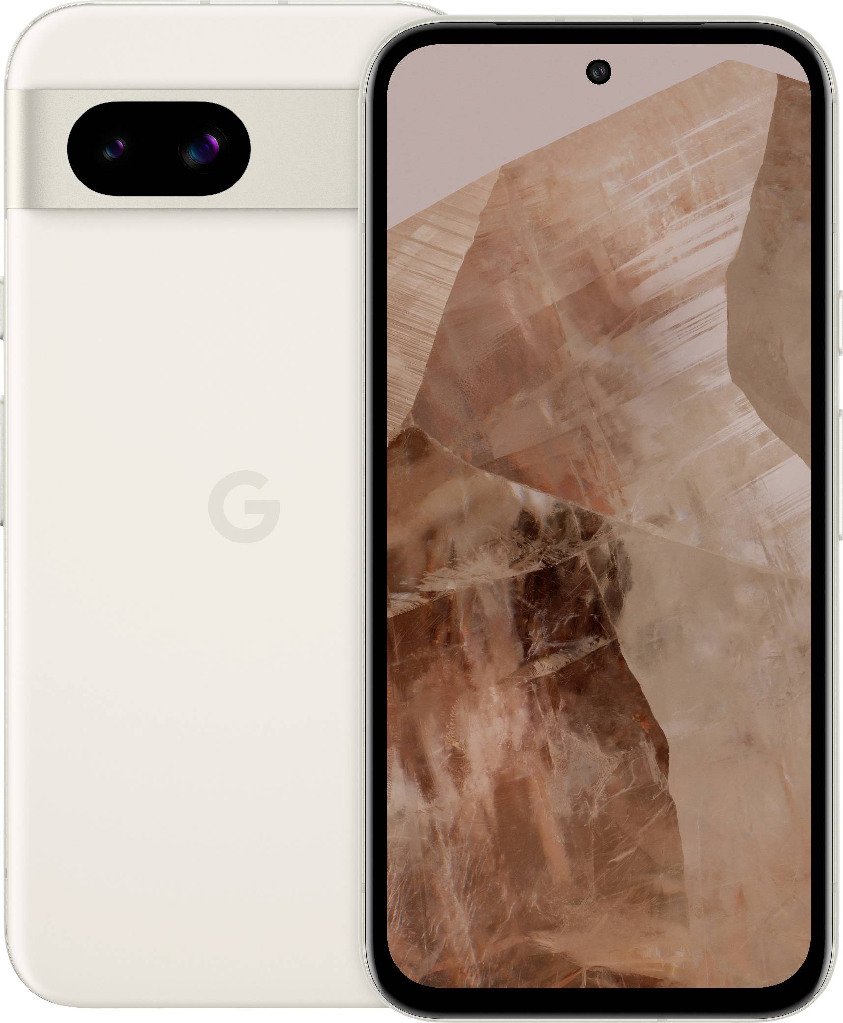 Ein Smartphone mit cremefarbenem Gehäuse und zwei Kameras auf der Rückseite, daneben das Display mit einem Kristallhintergrund.