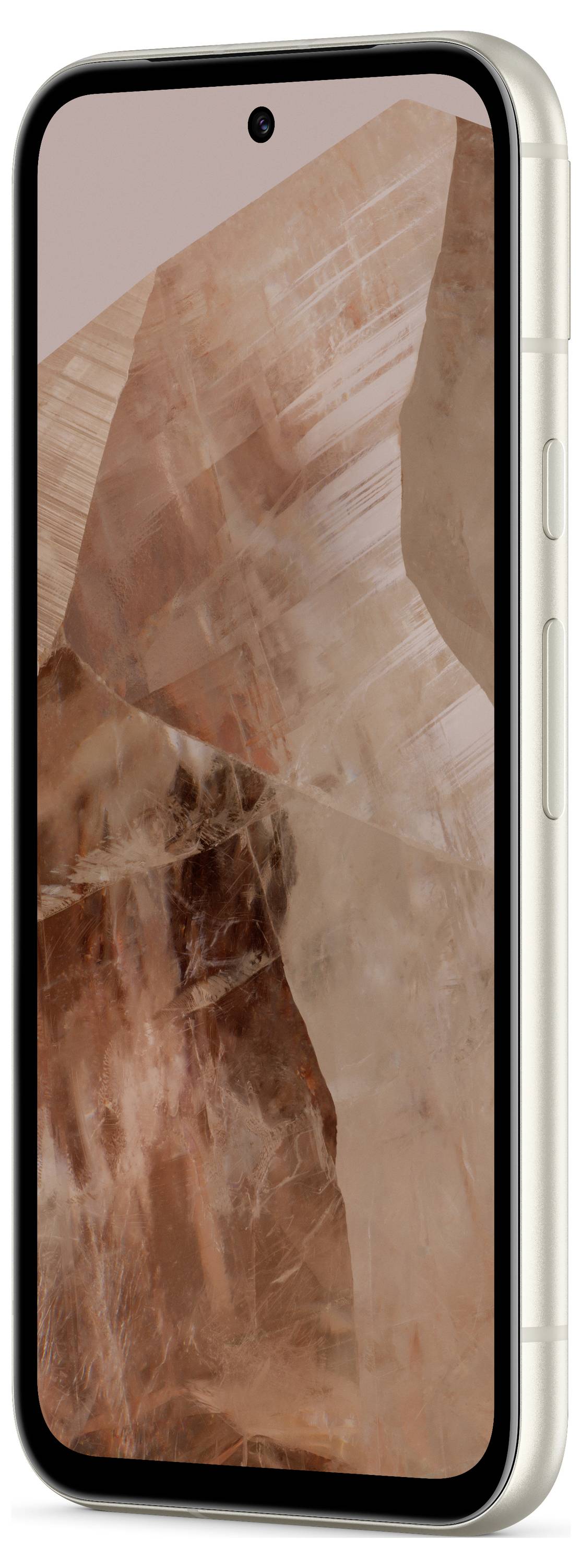 Smartphone mit einem transparenten Gehäuse, das ein rosafarbenes, kristallartiges Muster zeigt.