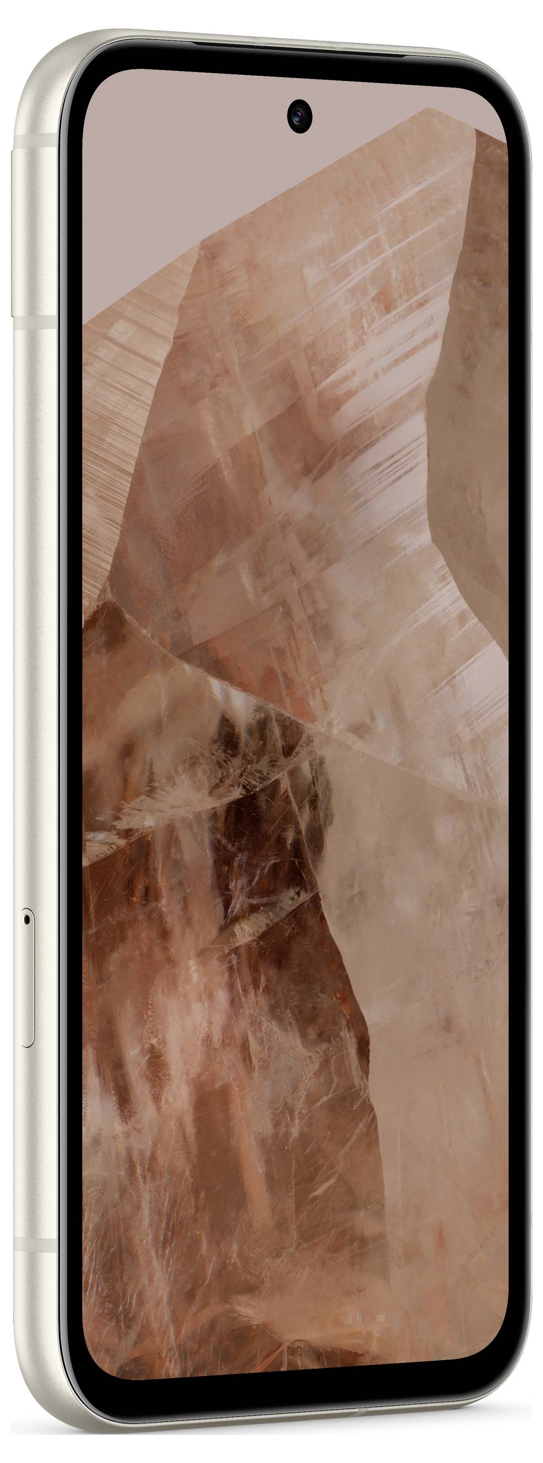 Ein Smartphone mit einem rosafarbenen, kristallähnlichen Hintergrund auf dem Display. Seitenansicht zeigt abgerundete Kanten.