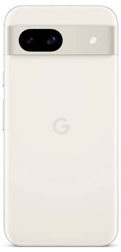 Ein helles Smartphone von hinten, zeigt die Kamera und LED-Blitz in einem horizontalen Balken oben, mit dem Buchstaben G unten.