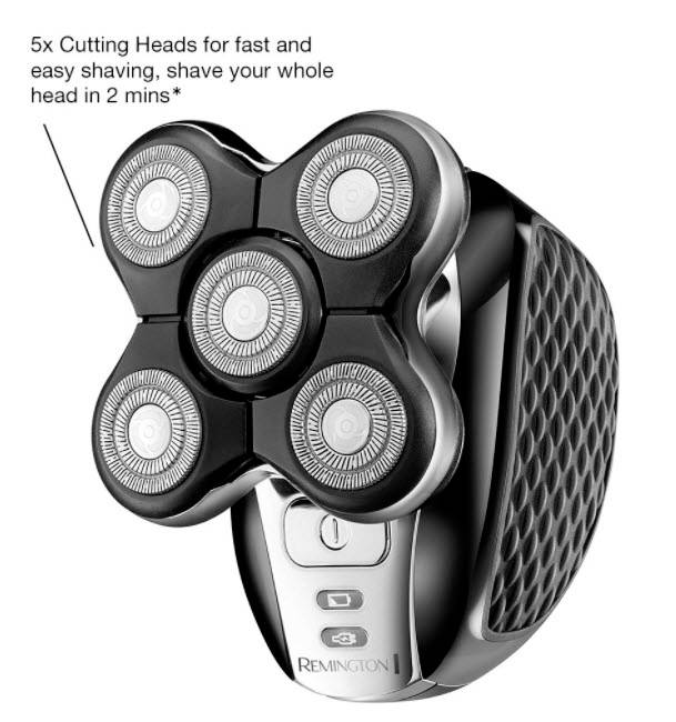 Elektrorasierer mit fünf Schneidköpfen für schnelles, einfaches Rasieren. Text: '5x Cutting Heads for fast and easy shaving, shave your whole head in 2 mins.'