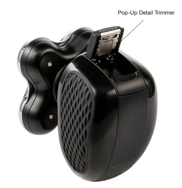 Elektrischer 3D-Rasierer mit ausklappbarem Detailtrimmer. Schwarzes Design mit ergonomischem Griff. Trimmer für präzise Konturen.