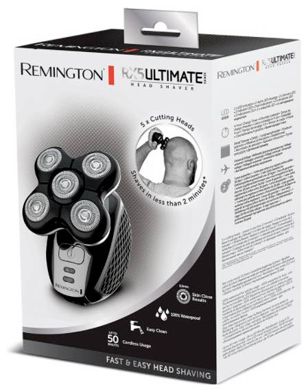 Elektrorasierer-Verpackung mit fünf Schneidköpfen, wirbt mit schneller Rasur in unter zwei Minuten, zeigt Benutzerbild und Produktspezifikationen.
