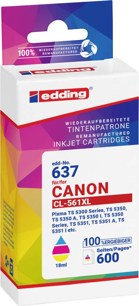 Edding Druckerpatrone ersetzt Canon CL-561XL Kompatibel Kombi-Pack Cyan, Magenta, Gelb EDD-637 18-637