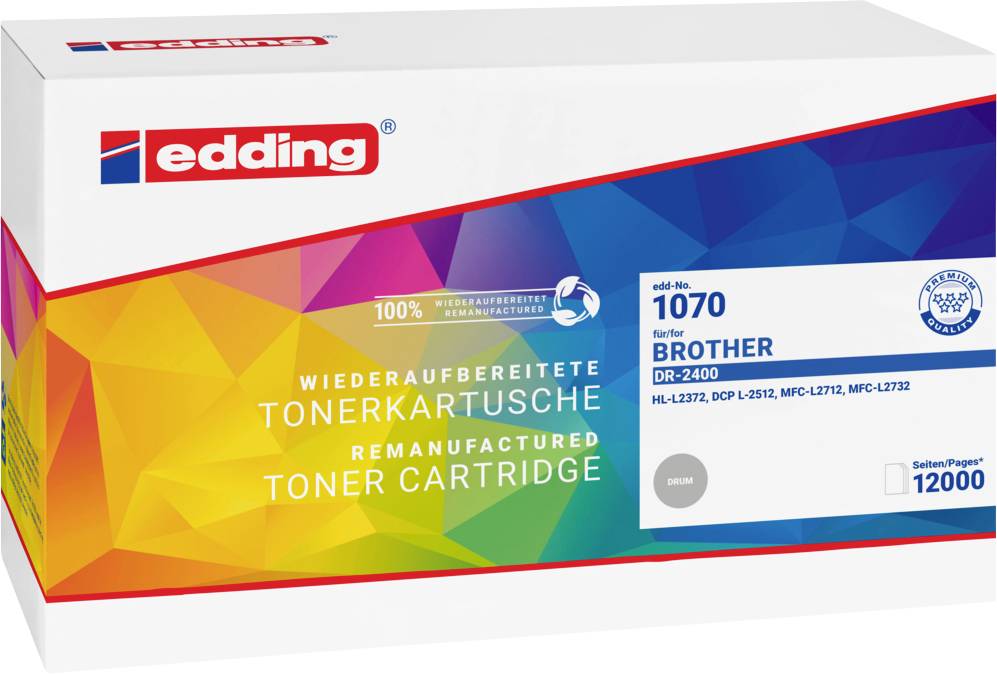 Verpackung einer Edding-Tonerkartusche mit farbigem geometrischem Design. Text: 'Wiederaufbereitete Tonerkartusche', kompatibel mit Brother DR-2400, bis zu 12000 Seiten.
