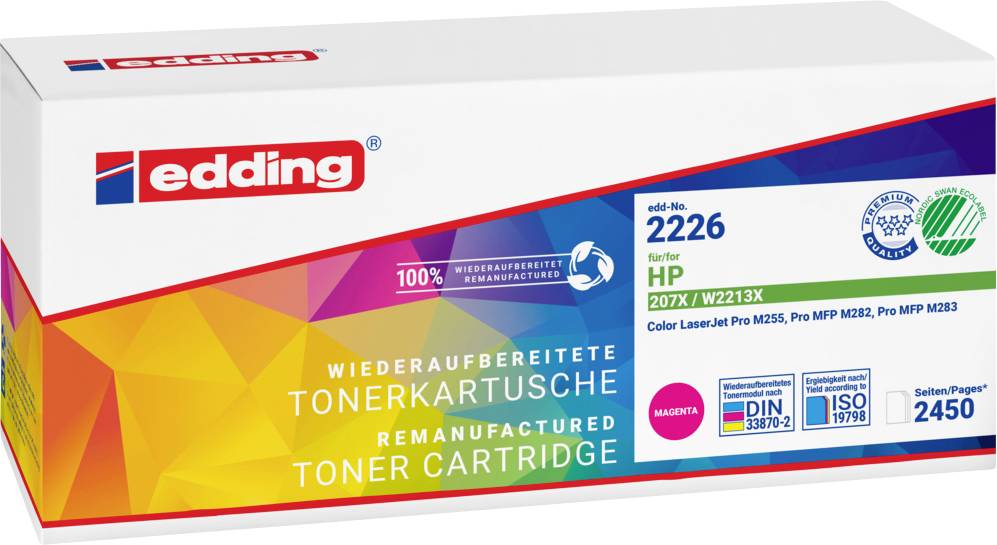 Wiederaufbereitete Druckerpatrone von Edding für HP 207X/W2213X, magenta. Kompatibel mit verschiedenen HP LaserJet Pro MFP Modellen. Enthält 2450 Seiten Kapazität.