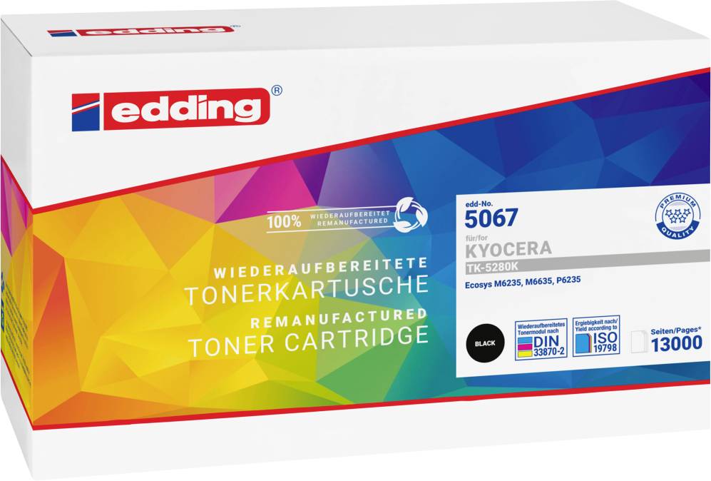 Wiederaufbereitete schwarze Tonerkartusche 'edding 5067' für Kyocera, kompatibel mit Modellen wie ECOSYS M2635 und druckt bis zu 13000 Seiten.
