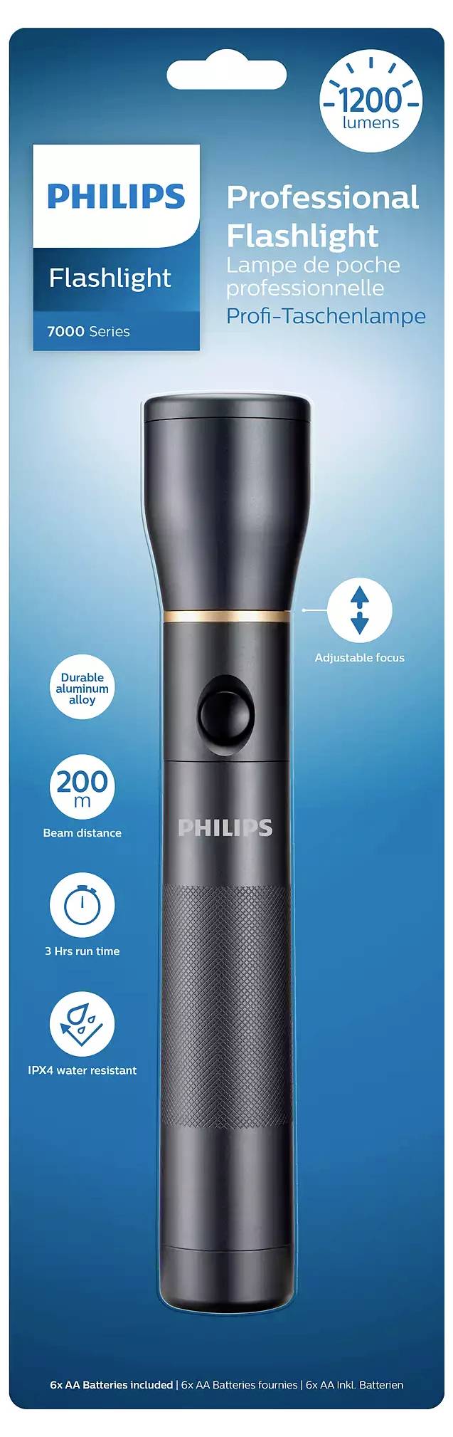 Philips Professional Flashlight, 1200 Lumen, 7000 Series. Bis zu 200 Meter Reichweite, USB-C Ladung, wasser- und stoßfest.